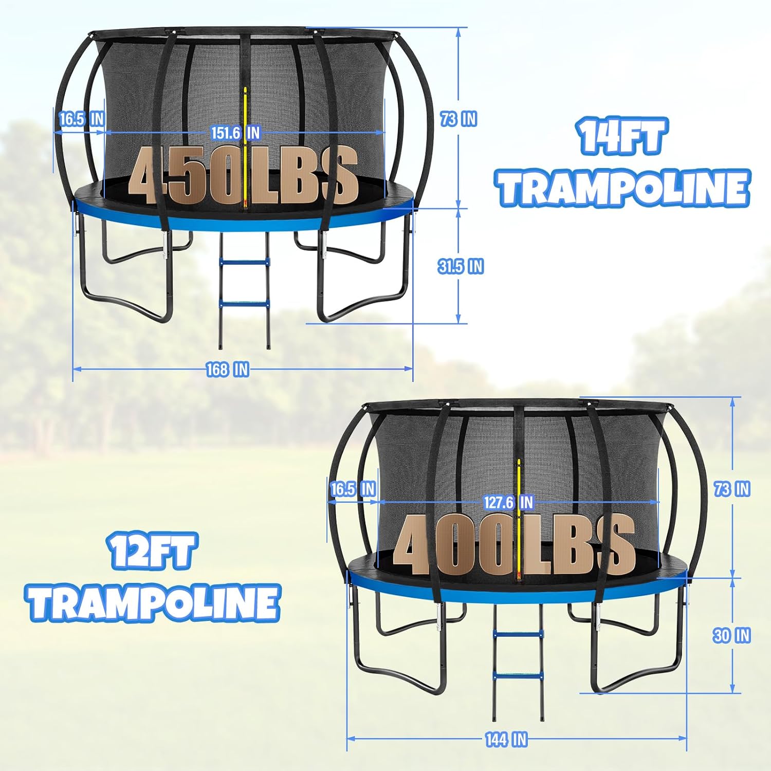 Kiivakii Trampoline 12FT 14FT, Outdoor Trampolines for Kids and Adults, Recreational Trampoline with Enclosure Net & Ladder, Round Trampoline for Backyard