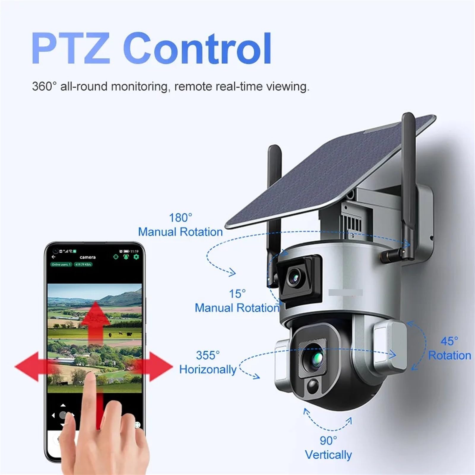cámara de seguridad gran angular, Cámara de seguridad Solar 4K HD de doble lente for exteriores, Zoom óptico 10X, Wifi, seguimiento automático, Audio bidireccional, batería con diseño de amplificador