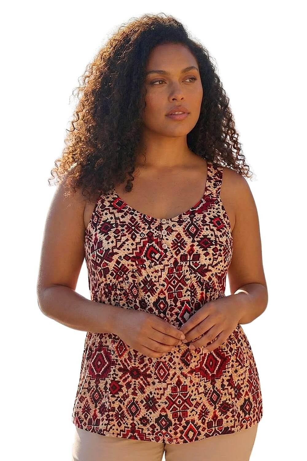 Roman Women's Maroon Curve Ikat Print Vest Top In Size 22-24