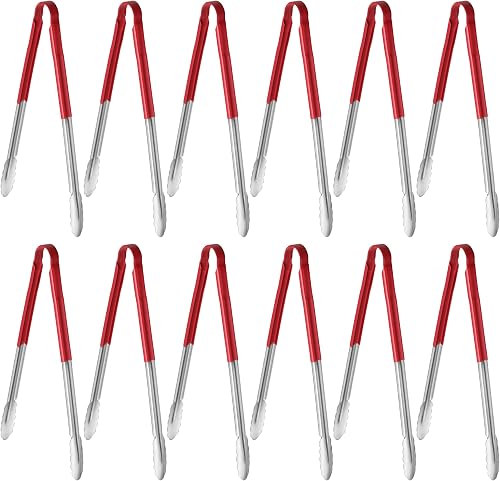New Star Foodservice 16 Inch Utility Spring Tongs, Set of 12, Commercial Restaurant Grade Stainless Steel Tongs with Red Vinyl Coated Handles