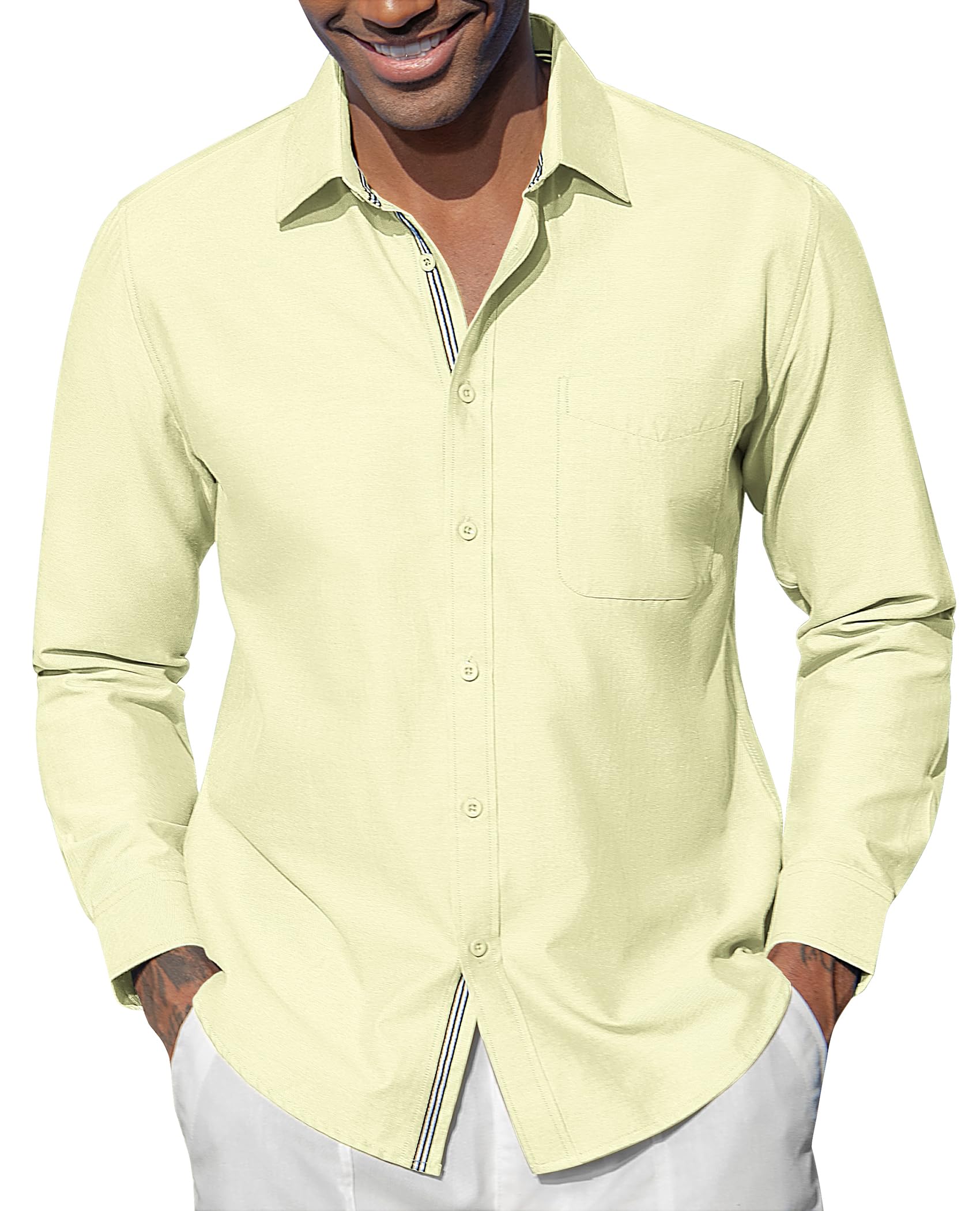 Oxford Dress Shirts for Men Long Sleeve Oxford Casual Dress Button Down Shirts Contrast Button Shirts with Pocket