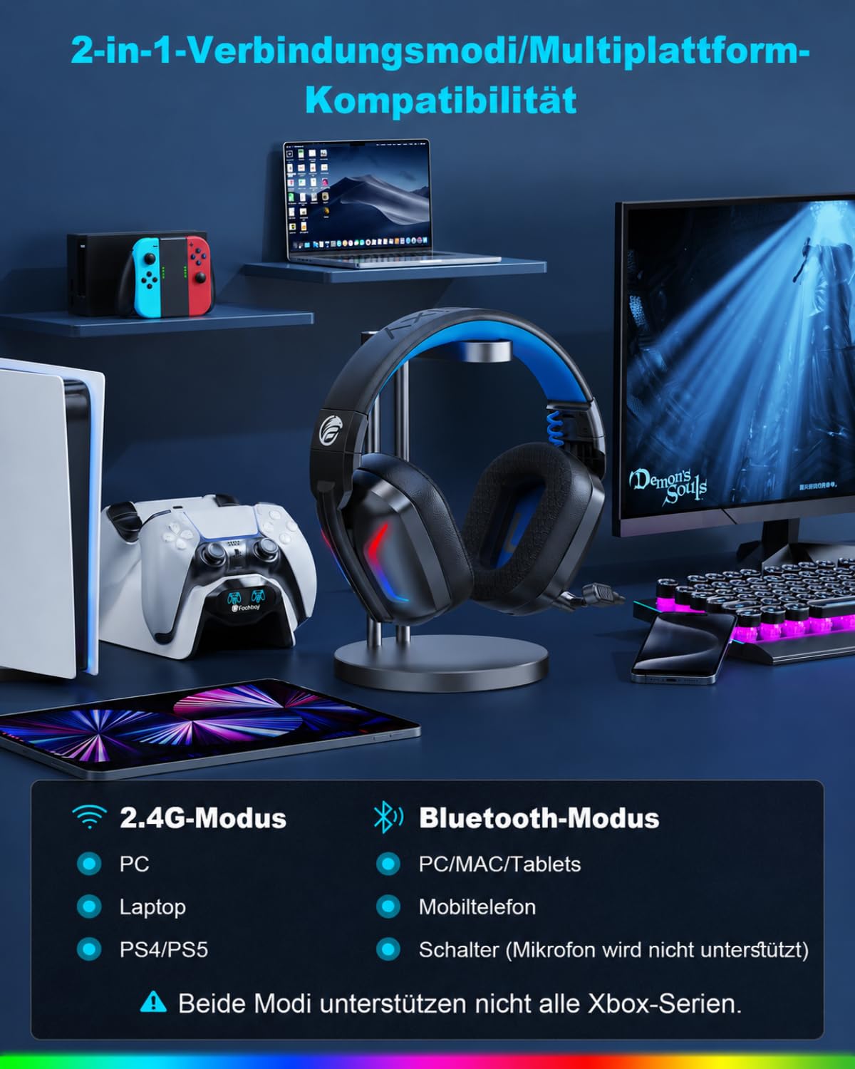 Fachixy Wireless Gaming Headset mit Mikrofon für PS5, PS4, PC, Switch, Mac und Laptop, 2,4GHz Low Latency USB & Bluetooth, faltbar mit LED-Licht, Surround Sound und 80 Std. Akkulaufzeit