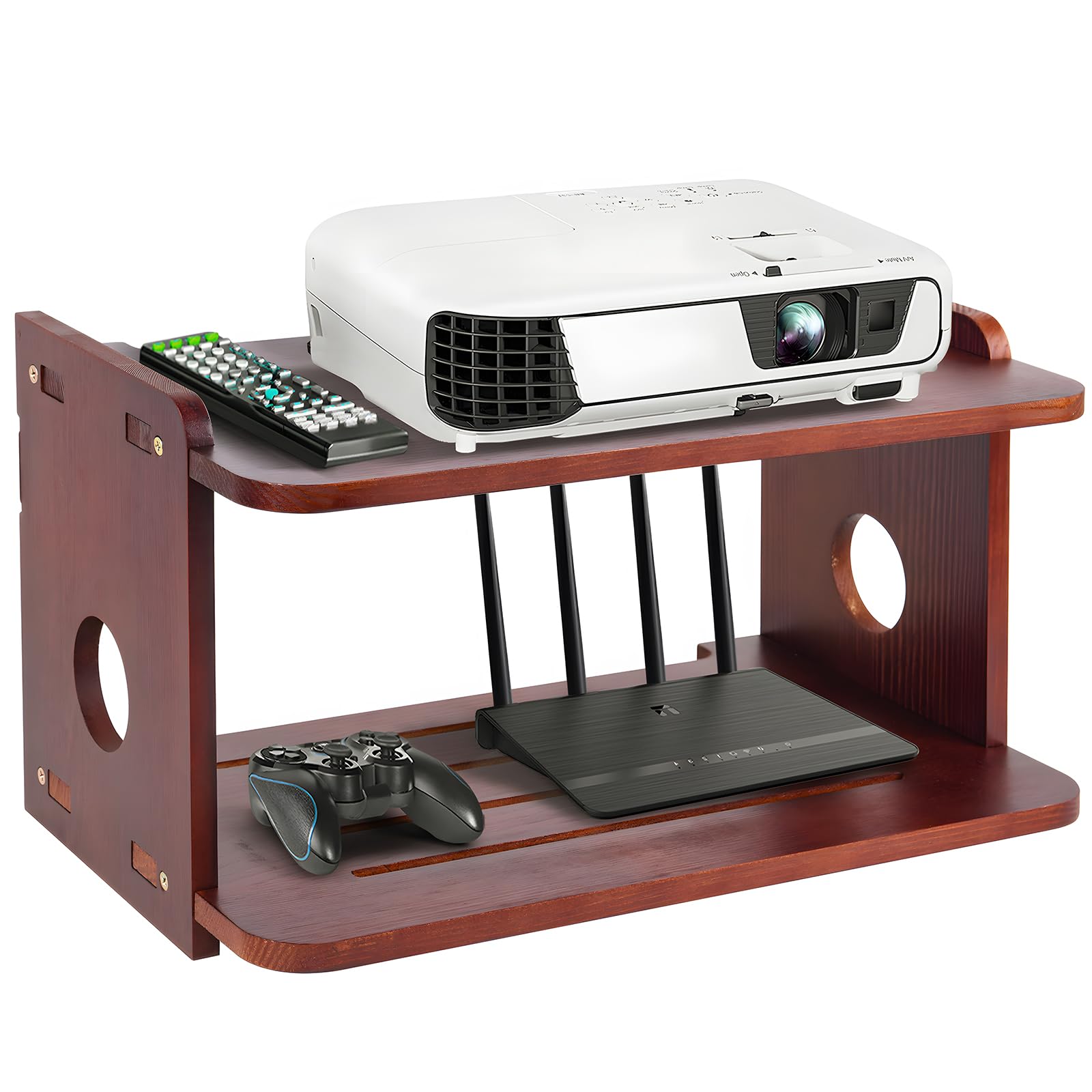 Projector Mount Shelf, Wood RED - Projector Stand & Rack Holder, Storage Box for Router, Modem, Power Strip & Xbox Series, PS5, PS4