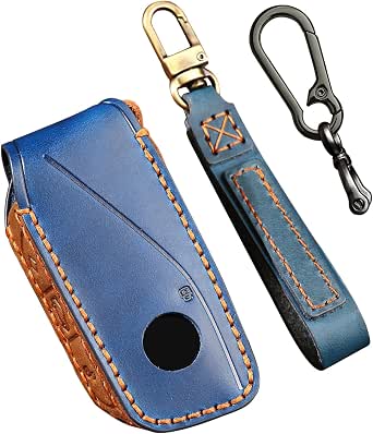 OLLEN Funda para Llavero de Piel auténtica sin Tornillos para BMW 2023 2024, Serie 5/7, 740i, 760i, X1, X5, X6, X7, XM, IX, IX3, I5, I7, etc., con Llavero, Color Azul