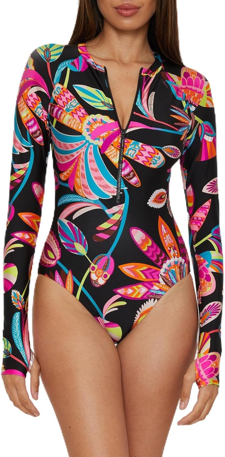 Trina Turk Women's Luminary Paddlesuit One Piece Swimsuit, Rash Guard, Uv Protection, Zip Front, Long Sleeve, Bathing Suits