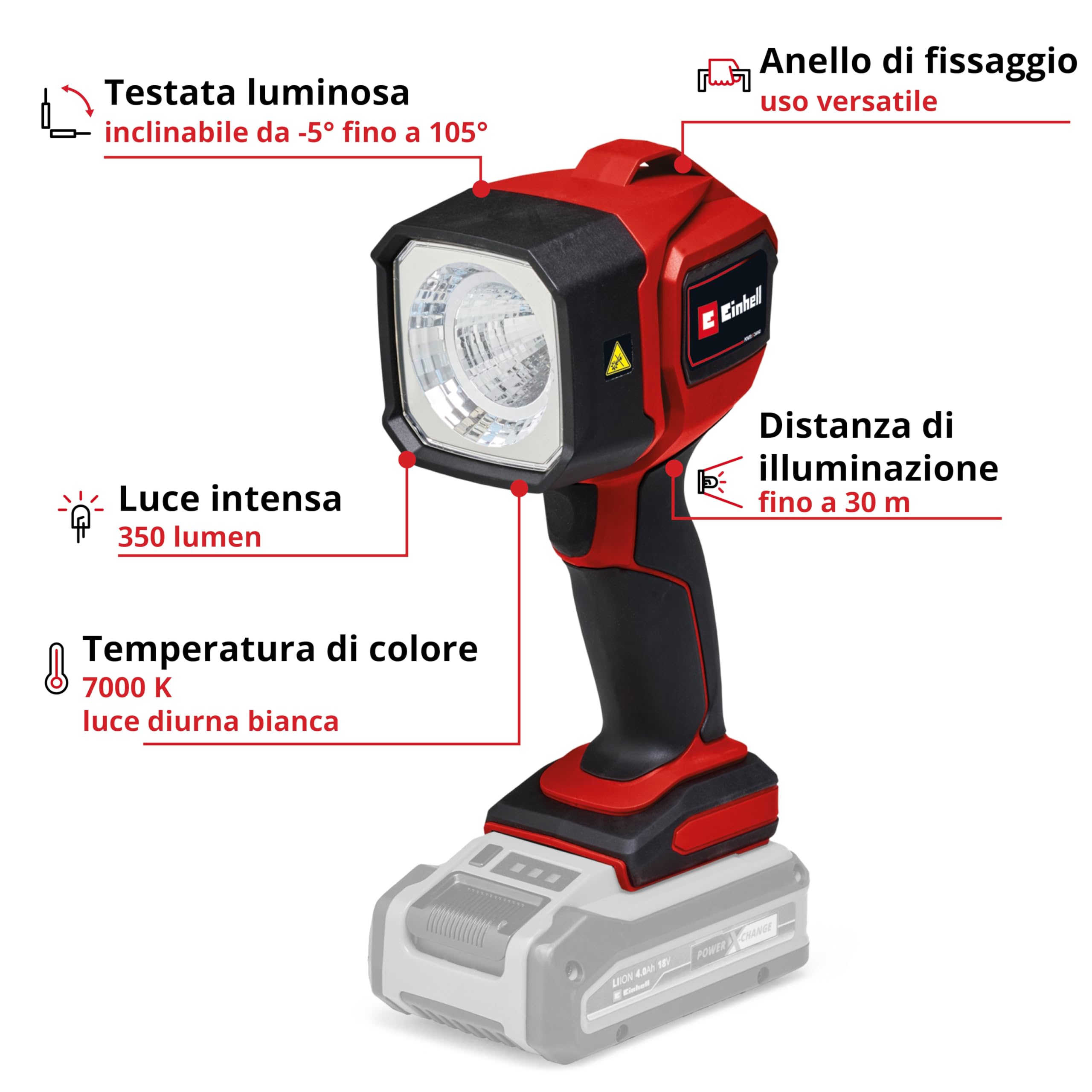 Einhell Torcia a batteria TC-CL 18/350 Li-Solo Power X-Change (18 V, 350 lm, 7000 K, portata 30 m, testata orientabile, luce LED di alta qualità, batteria esclusa)