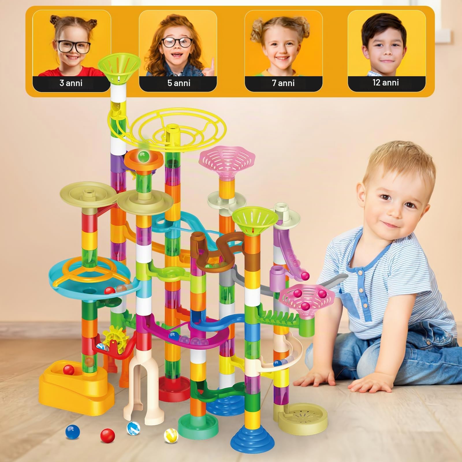 deAO Torre Marble Run Pista per Biglie per Bambini – Gioco di Costruzione STEM Educativo, Pista Creativa da Assemblare con 150 Pezzi e 60 Biglie (30 Fosforescenti), Gioco per Bambini 3+ Anni