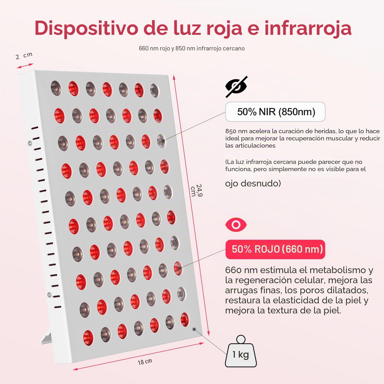 Lámpara Infrarroja Combinación de 660nm y 850nm, Lámpara de Luz Roja Panel de 70 LEDs con Temporizador y Soporte para Cara, Cuello, Cuerpo, Músculos, Atrás (No produce calor)
