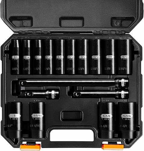 Miniatura 1 de Upenjok Juego de llaves SAE de impacto profundo de 17 piezas, 12 pulgada, tamaño SAE (38"-1-14"), acero CR-V, 6 puntos, juego de enchufes profundos