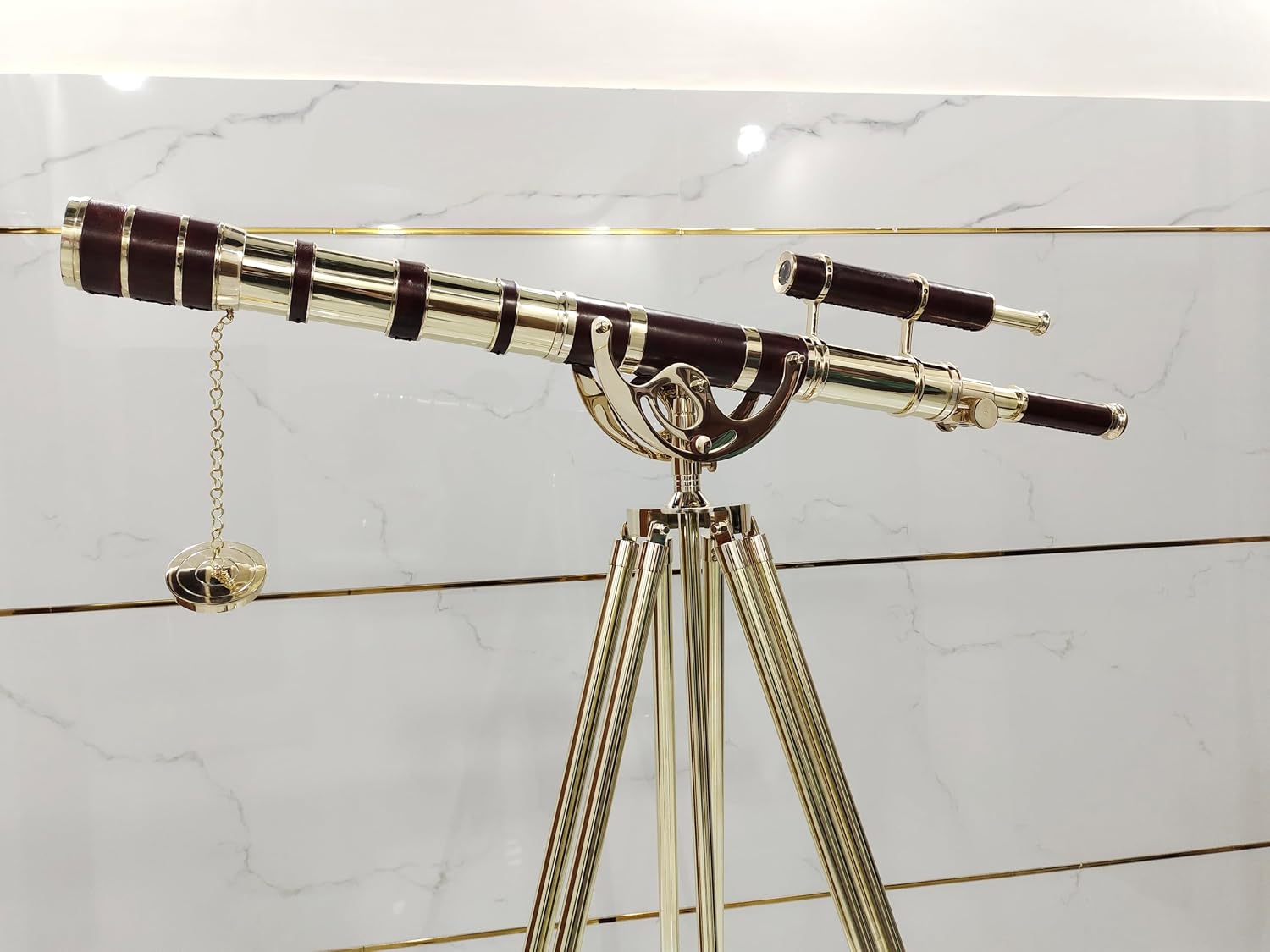 Vintage Brass Telescope with Wooden Tripod Nautical Floor Standing Double Barrel Shiny Finish Unique Red Leather Wrap Spyglass Decorative Collectible for Home, Office & Gift Display