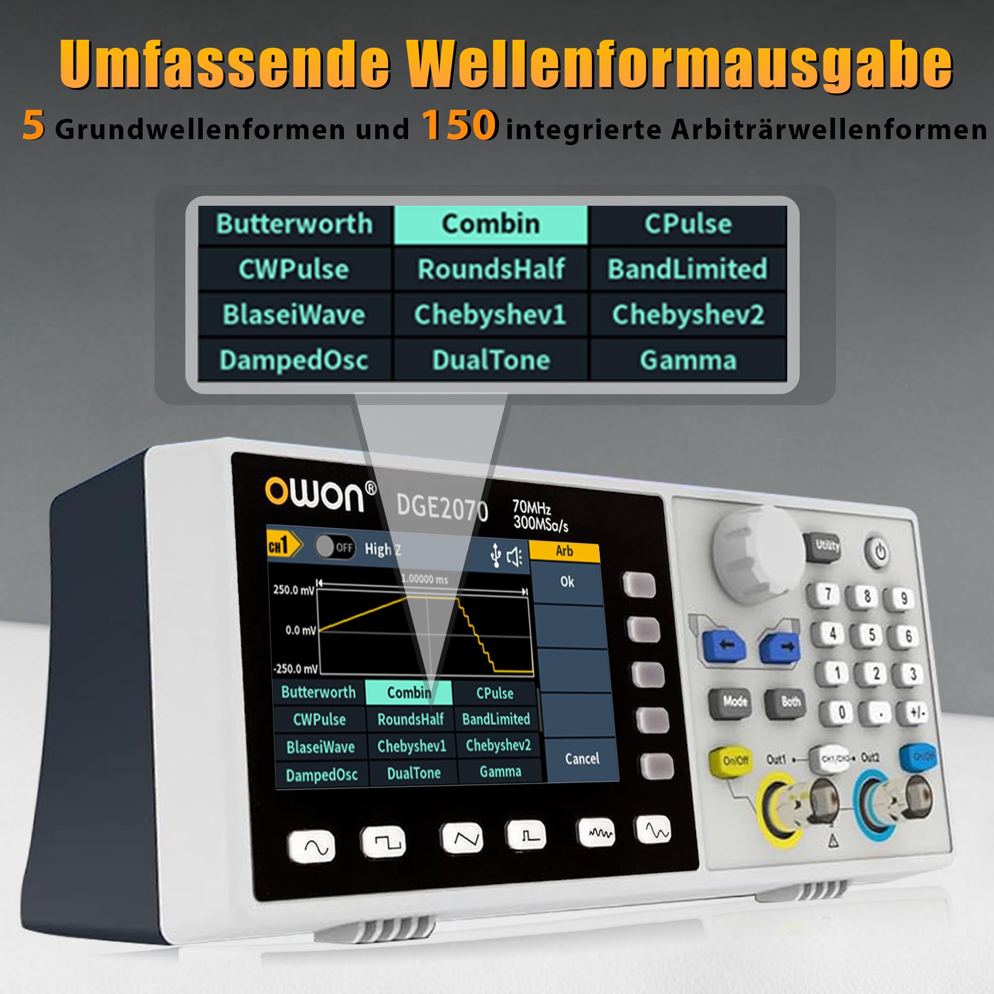 OWON DGE2070 2-Kanal-Funktionsgenerator für Mess-, Test- und Entwicklungsaufgaben, 70 MHz, 300 MSa/s, 14 Bit, SCPI und PC-Steuerung