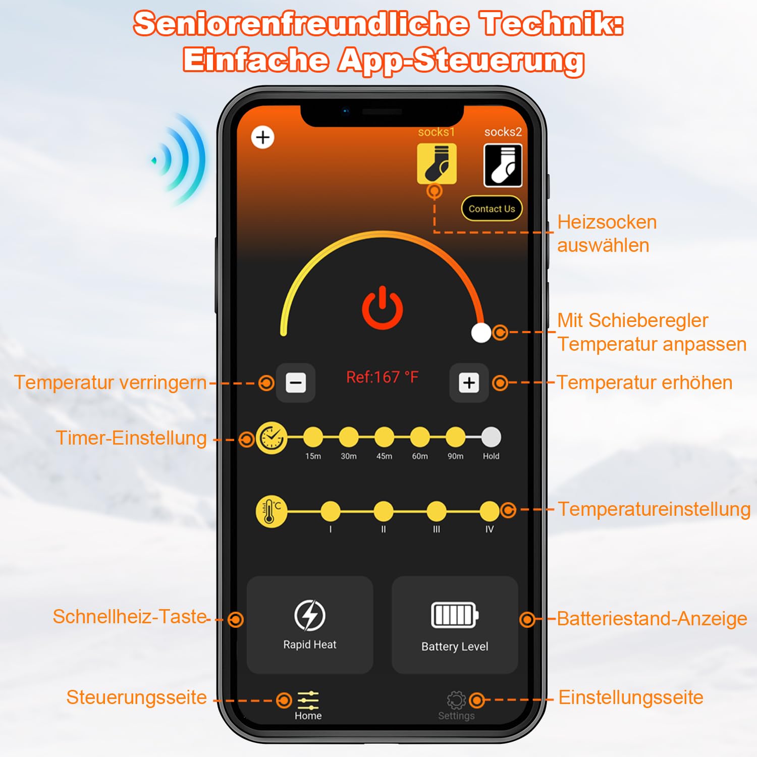 Beheizbare Socken Beheizte Socken,Heizsocken Skisocken 8000 mAh Wiederaufladbare Warme Socken Fußwärmer mit APP-Steuerung Warme Winter Socken Männer Frauen
