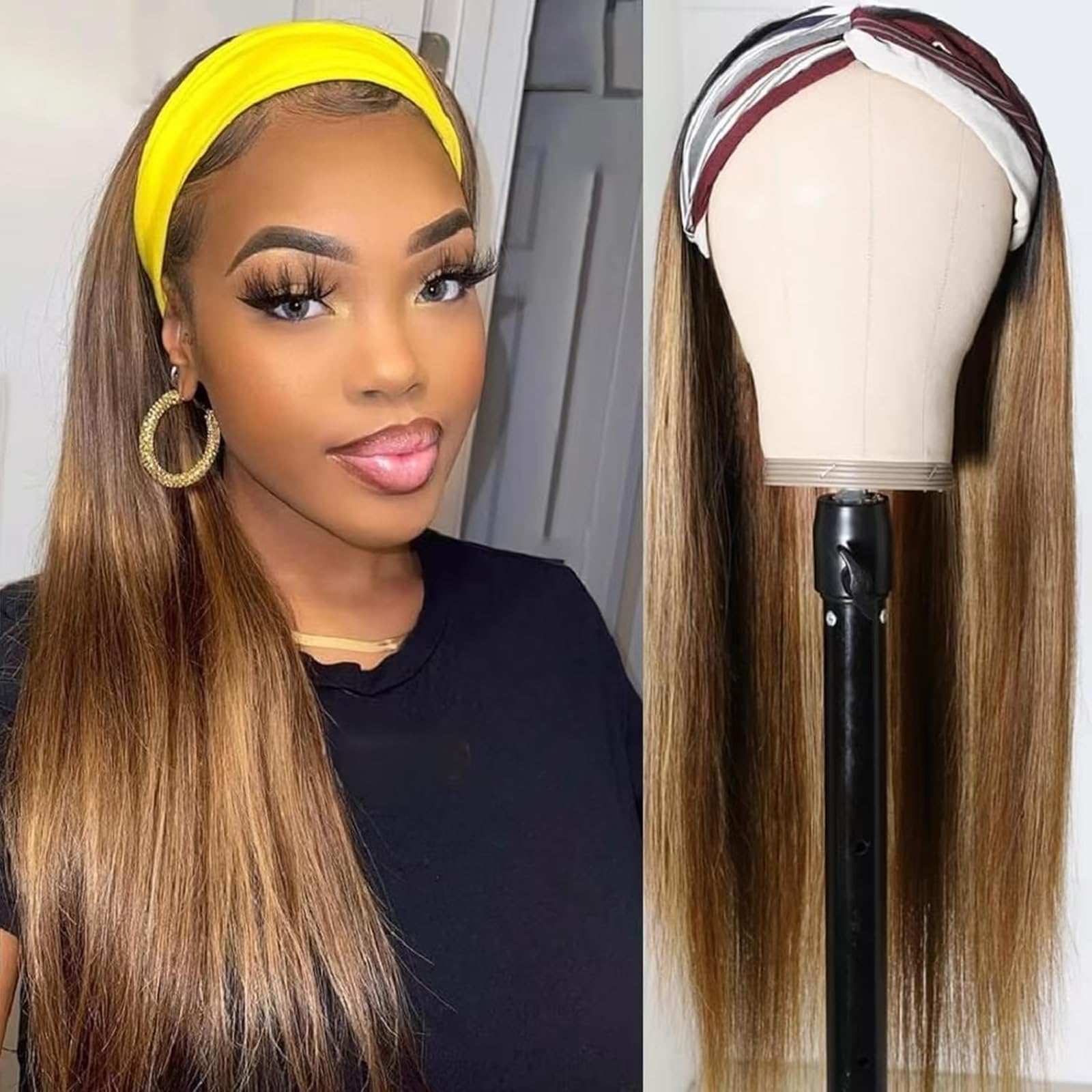 Celiarita Ombre Headband Wig Human Hair Straight 16 Inch Glueless None Lace Front Machine Made Brazilian Virgin Highlight Straight Headband Wig Human Hair Wigs for Black Women