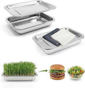 2 Pcs Stainless Steel Seed Sprouting Trays with Towel & Gauze 10.6 x 7.8