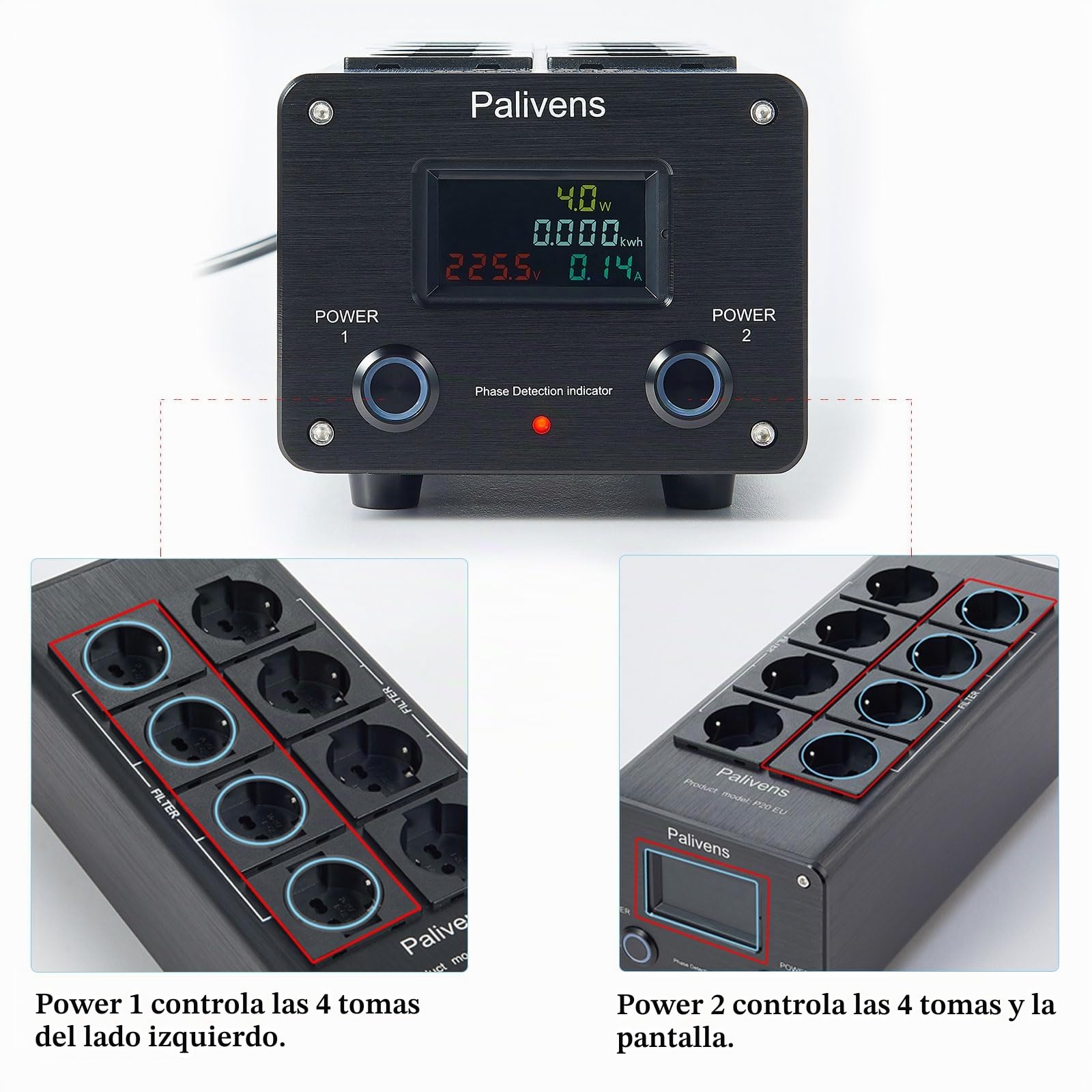 Regleta de Tomas de Filtro de Red HiFi con Pantalla LCD, Negro | toma de filtro de interferencias de 8 vías con protección contra sobretensiones, protección de carga hasta 15 A