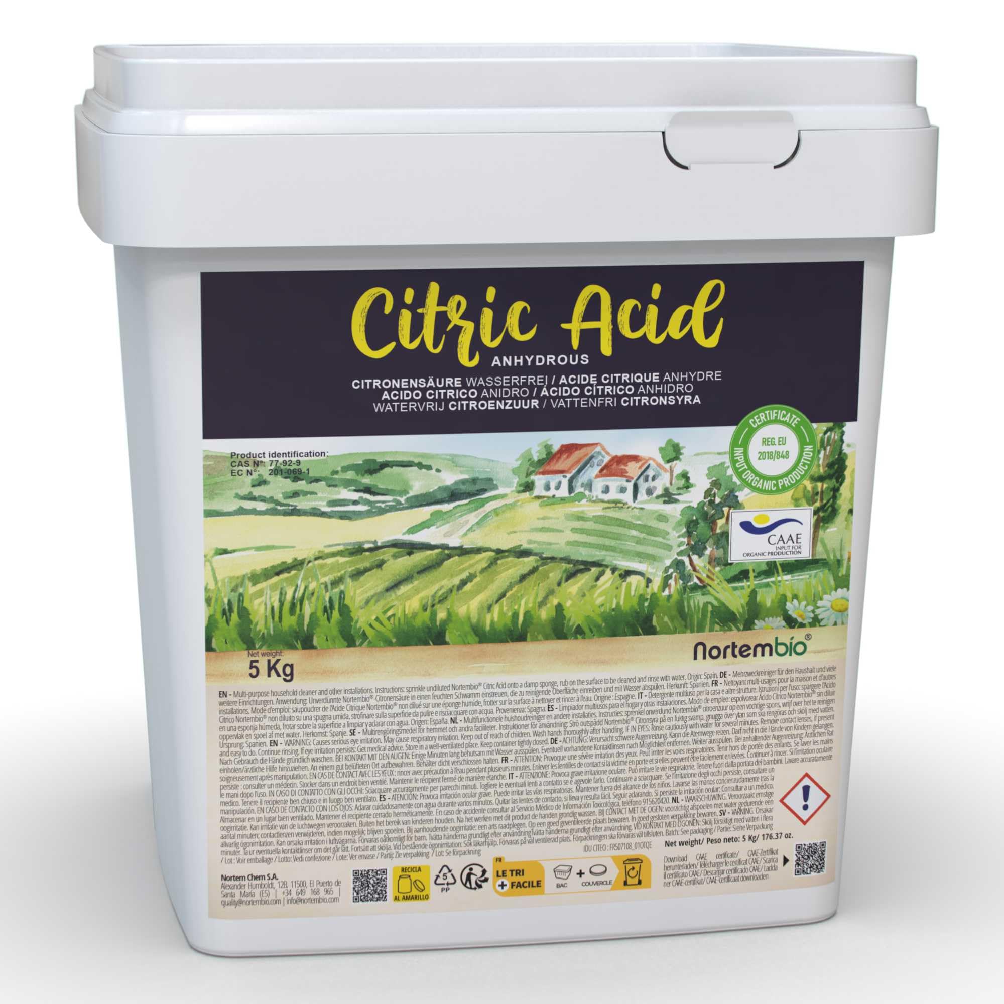 Nortembio Acide Citrique 5 kg – Acide Citrique Anhydre Concentré 100 % Pur Certifié – Nettoyage Domestique Polyvalent – Sans OGM – E-Book Offert