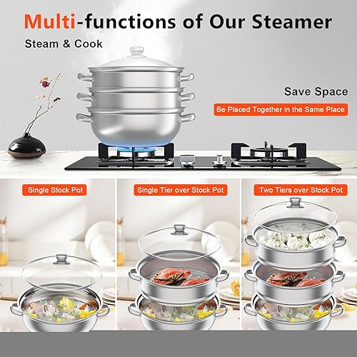 Miniatura 3 de Olla de vapor de acero inoxidable de 3 niveles para cocinar, vapor de tamales de 11 pulgadas, vapor de verduras y mariscos con tapa de vidrio, apta