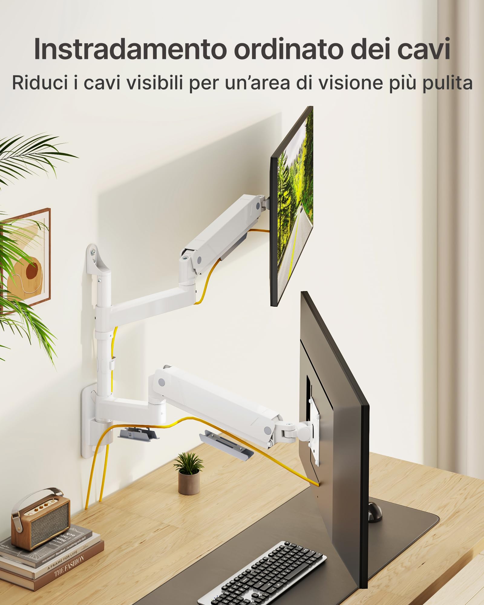 monTEK Supporto da parete per 2 monitor per schermi da 17-35 pollici, fino a 9 kg per braccio, inclinabile, girevole, regolabile in altezza, completamente mobile, VESA 75/100 mm, bianco