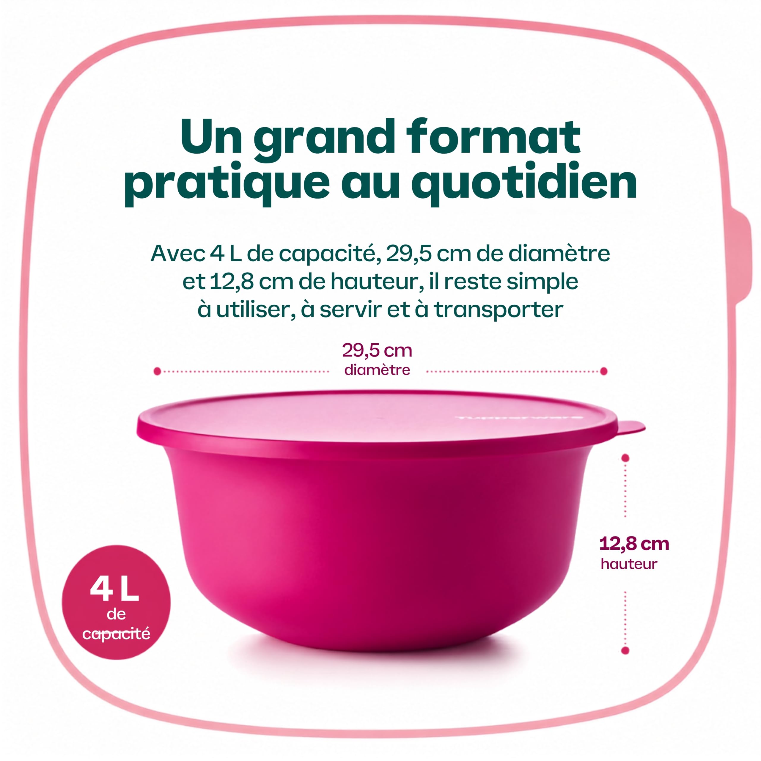 Tupperware Saladier Aloha 4 Litres Couvercle Hermétique - Pique-Nique Famille - Emboîtable Gain de Place - Plastique - H 12.8 cm Diamètre 29.5 cm - Compatible Lave-Vaisselle Idéal Famille Maison