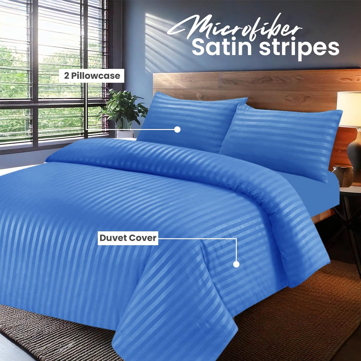 DTEX HOMES Double Duvet Set Brushed Microfiber Satin Stripes Easy Care Duvet Cover with Pillow cases (Mid Blue-Double) - Image 2