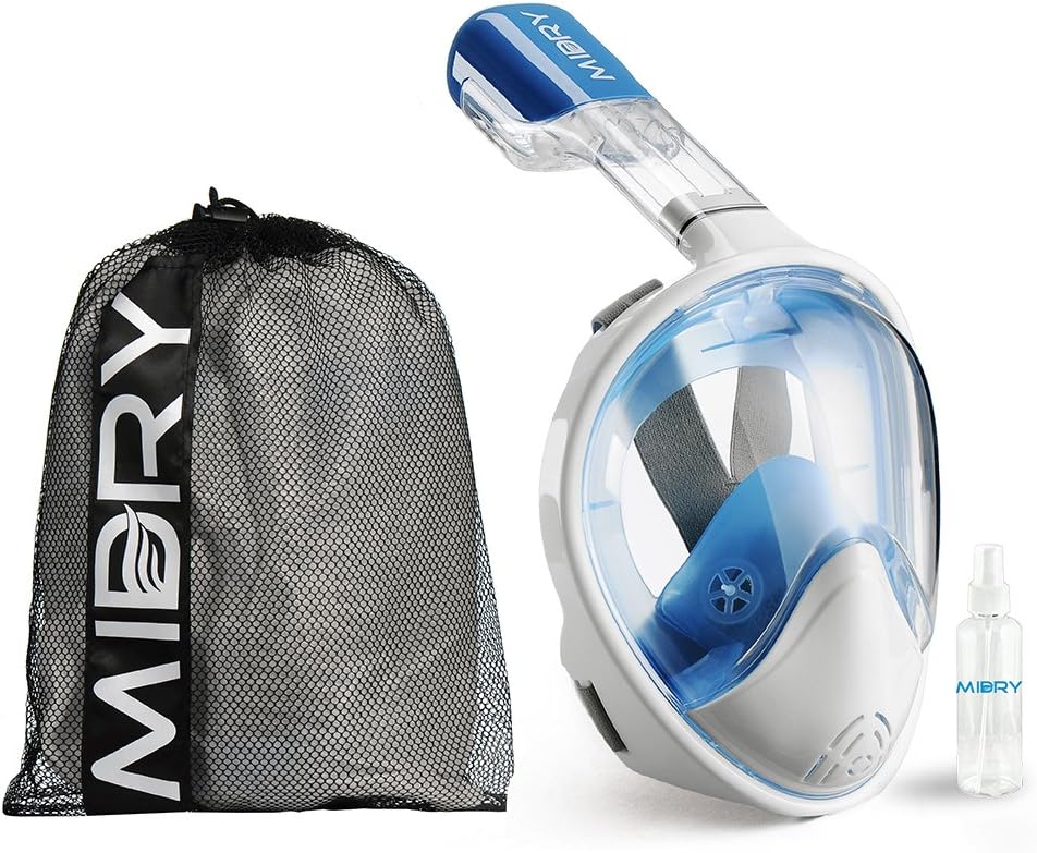 MIDRY Pro Snorkeling Starter Pack Full Face Snorkel Mask + Anti Fog Spray + Carrying Bag - Easy Breathing Technology + Panoramic 180° View