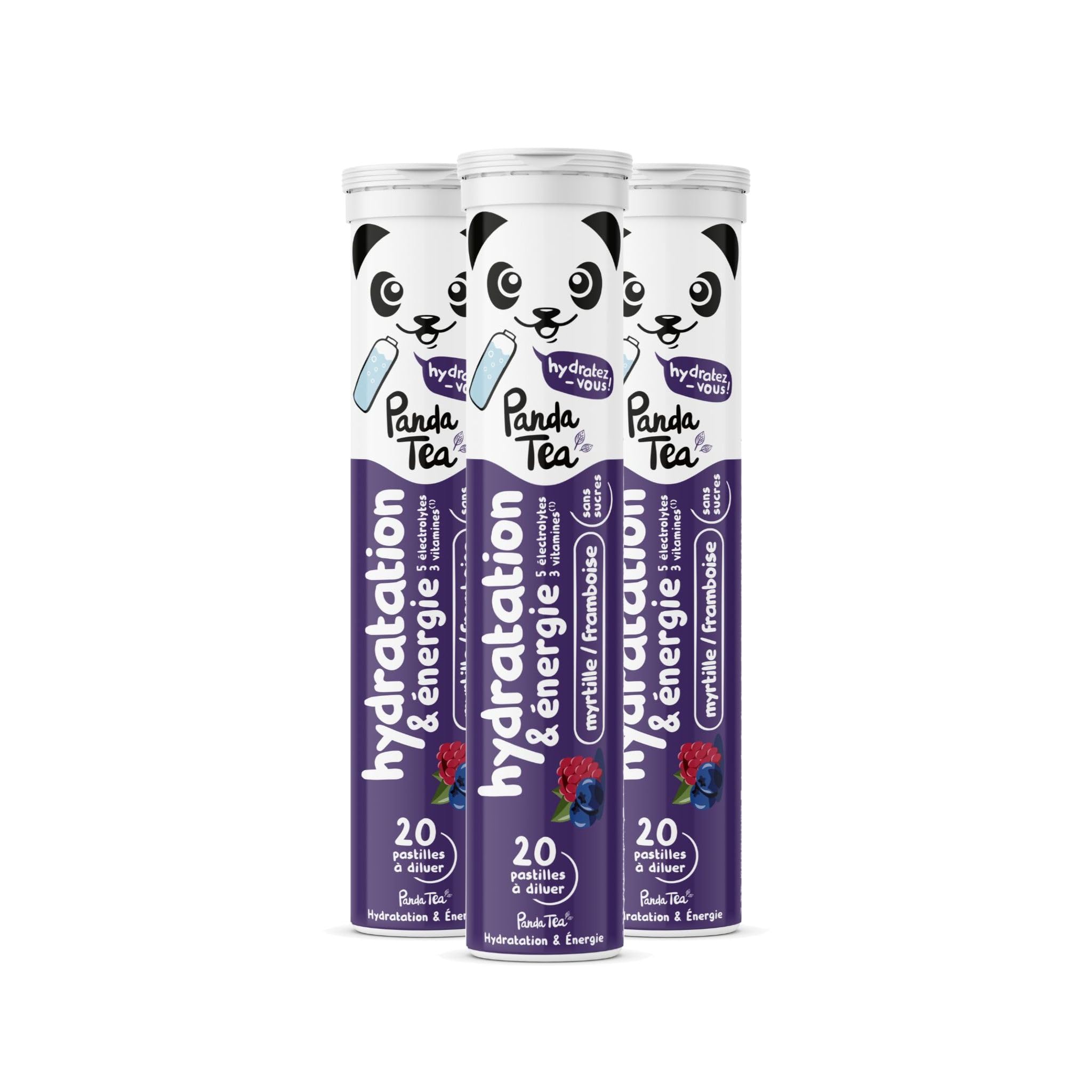 Panda Tea - Pastilles Hydratation & Énergie - Myrtille-Framboise - 3x20 Pastilles sans sucre - Electrolyte Ultra Hydratation - Idéale pour le Sport et le Quotidien