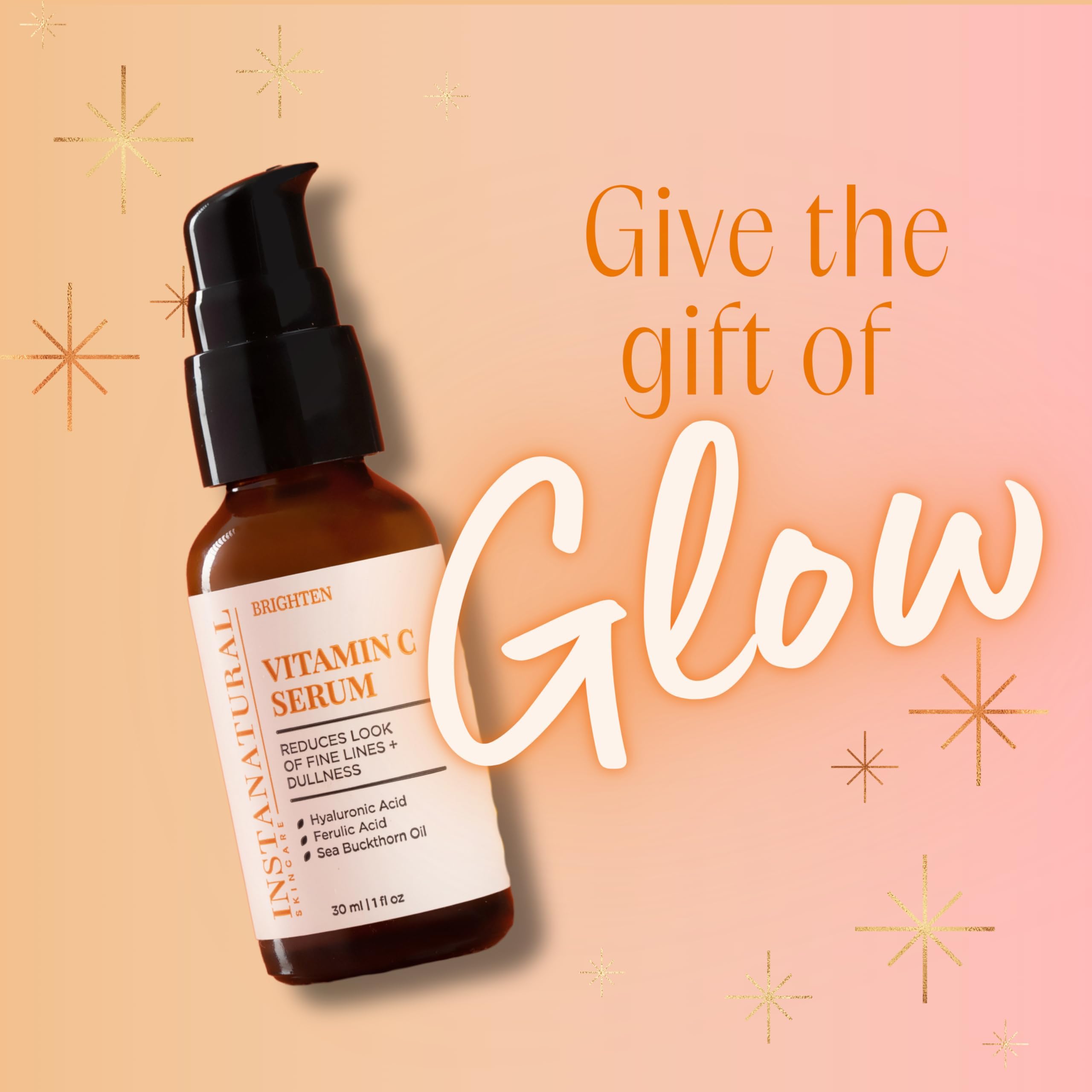InstaNatural Siero per Viso alla Vitamina C – Il Siero per Viso Anti-Età alla Vitamina C & Acido Ialuronico Più Efficace – Con Olio di Argan & di Rosa Canina Naturale, Vitamina E, Acido Ferulico & Olio di Olivello Spinoso – 30 ml