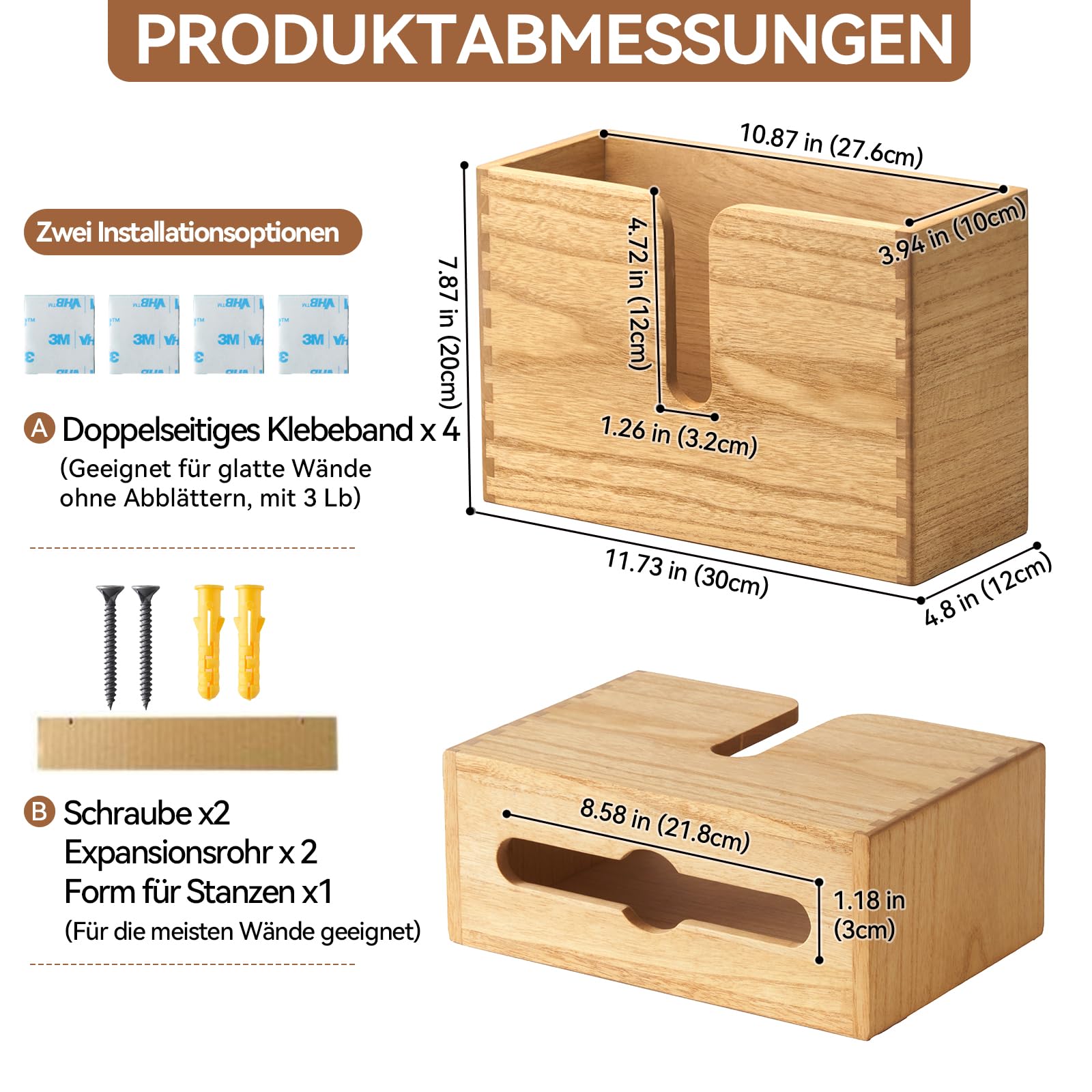 KIRIGEN Papierhandtuchspender Holz, C-/Z-Falz, Wandmontage, Natur | Für Multifold-Tücher, Innenmaß 27,5 x 10 cm, handgefertigt, fertig montiert, Zapfenverbindungen, Pflanzenöl-Oberfläche