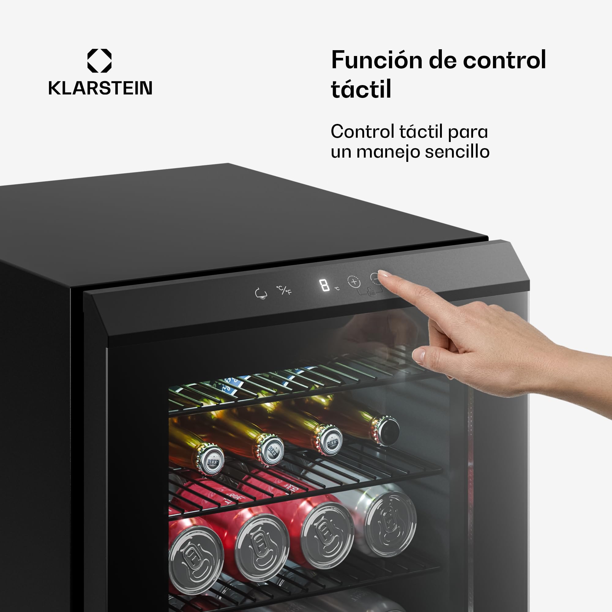 KLARSTEIN Nevera para bebidas Bevora 62 L – Nevera para bebidas con puerta de cristal, control táctil, iluminación LED, temperatura ajustable de 1 a 12 °C, 2 estantes