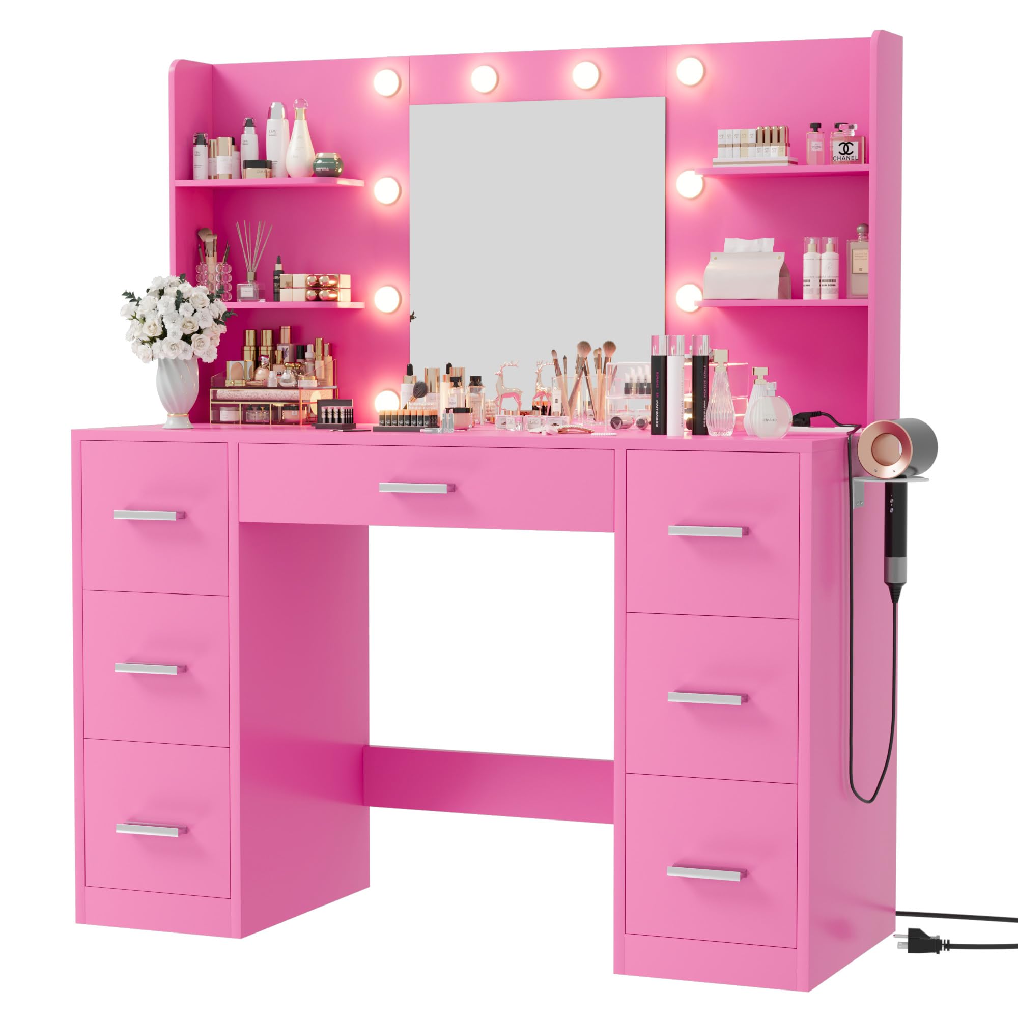 Furmax Vanity Desk with LED Mirror,Power Outlet,7 Drawers Makeup Table