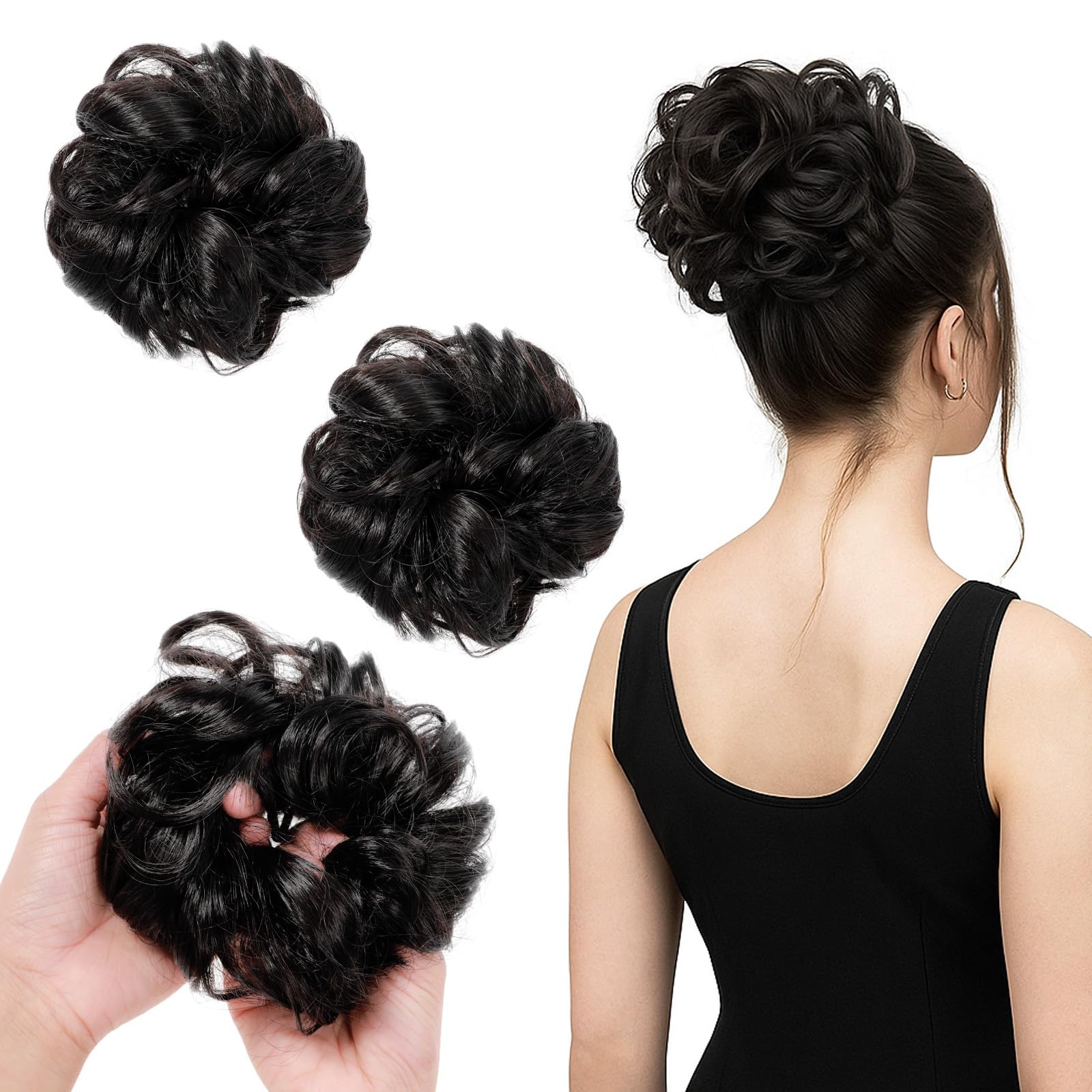 2 Pcs Messy Bun Hair Piece Wavy Curly Scrunchies Natural Dark Brown