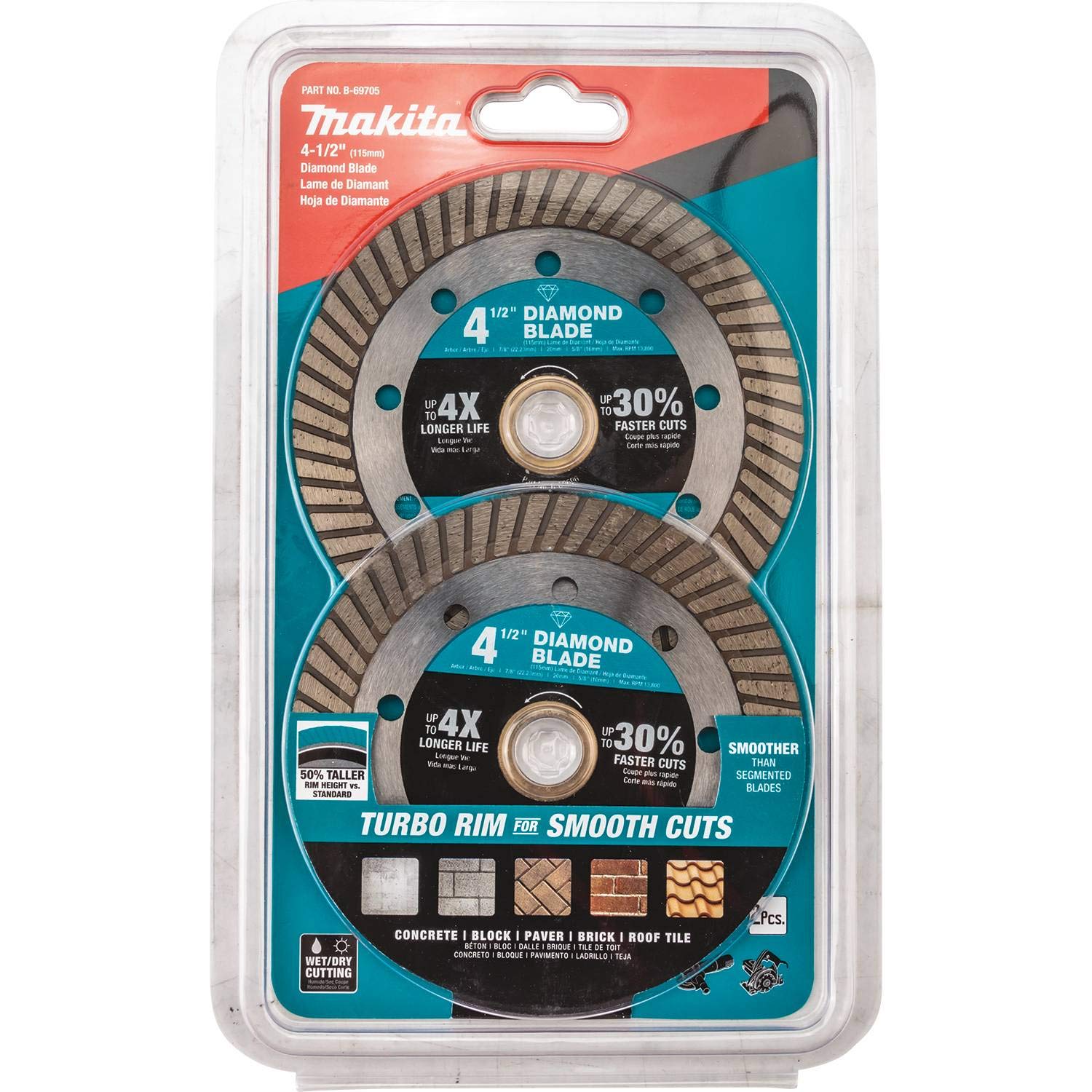 Makita B-69705 4-1/2” Turbo Rim Diamond Blade – 2-Pack For General Purpose Cutting Of Block, Brick, Concrete, Pavers & Roof Tiles
