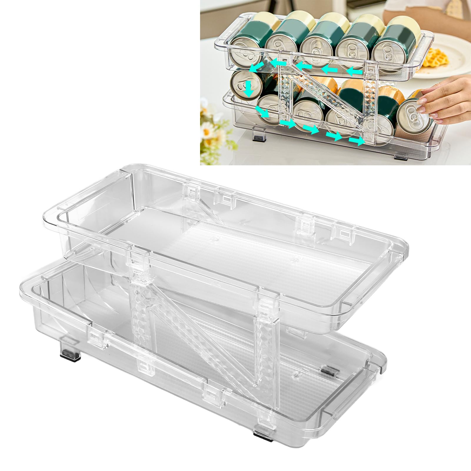 Dispensador de latas de refrescos para refrigerador, 2 capas, ajustable, automático, transparente, organizador de bebidas, despensa, encimera, 2 unidades
