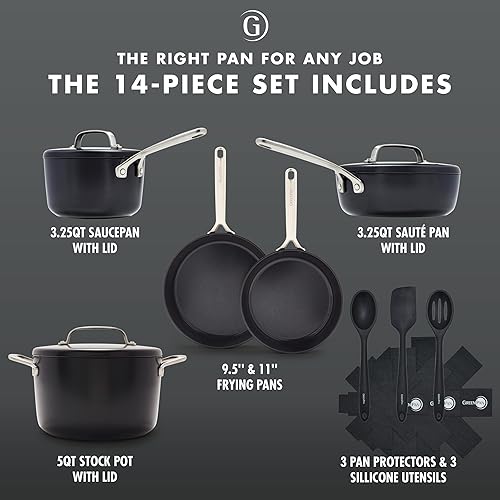 Miniatura 4 de GreenPan GP5 - Juego de ollas y sartenes antiadherentes de cerámica anodizada dura, 14 piezas, resistente a los arañazos, de gran calibre