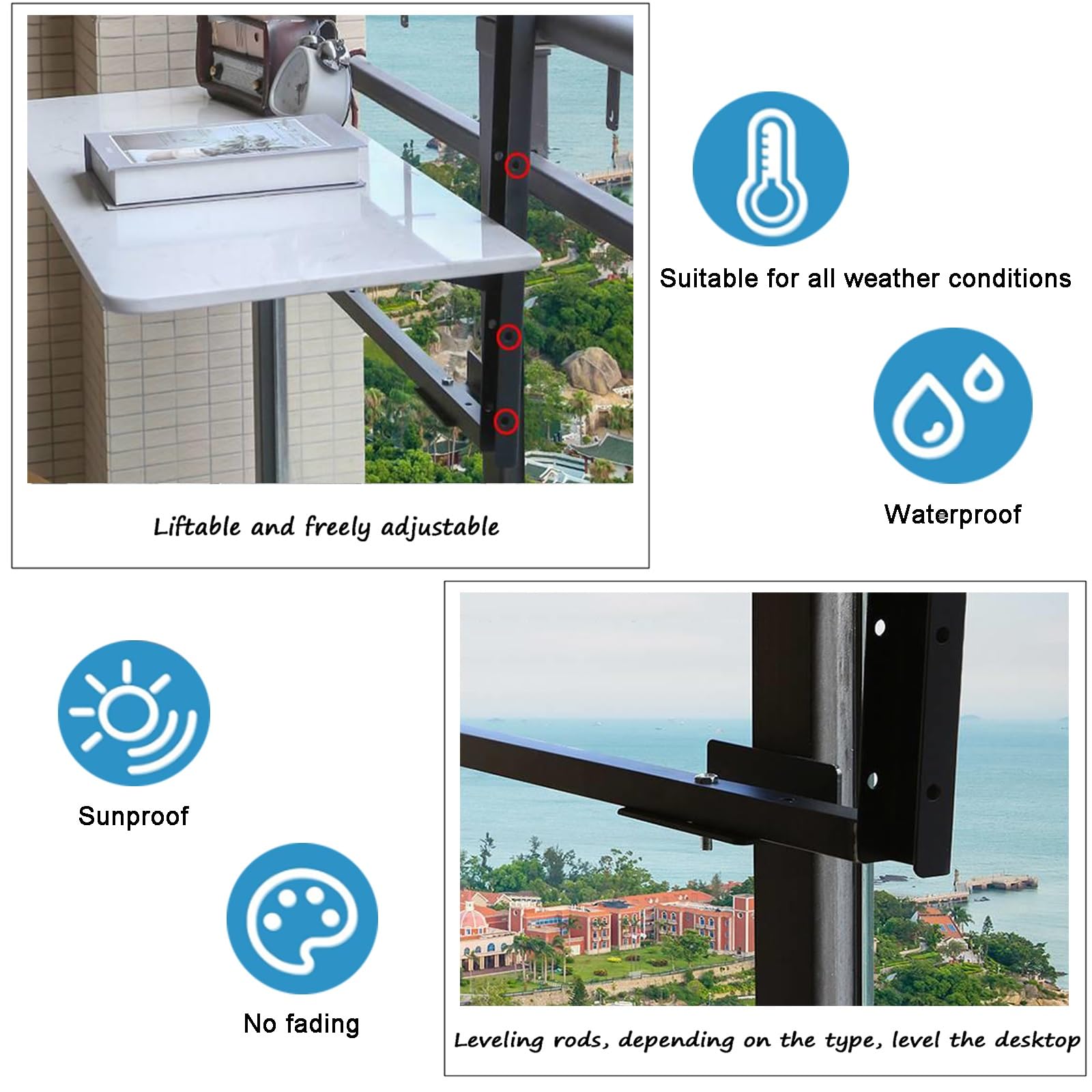 Generico Tavolo Regolabile da Appendere alla ringhiera del Balcone, Tavolo da Bar Pieghevole per Patio, Giardini e terrazze, Tavolo Multifunzionale da Appendere alla ringhiera (L 60*P 35 cm) - Perfet