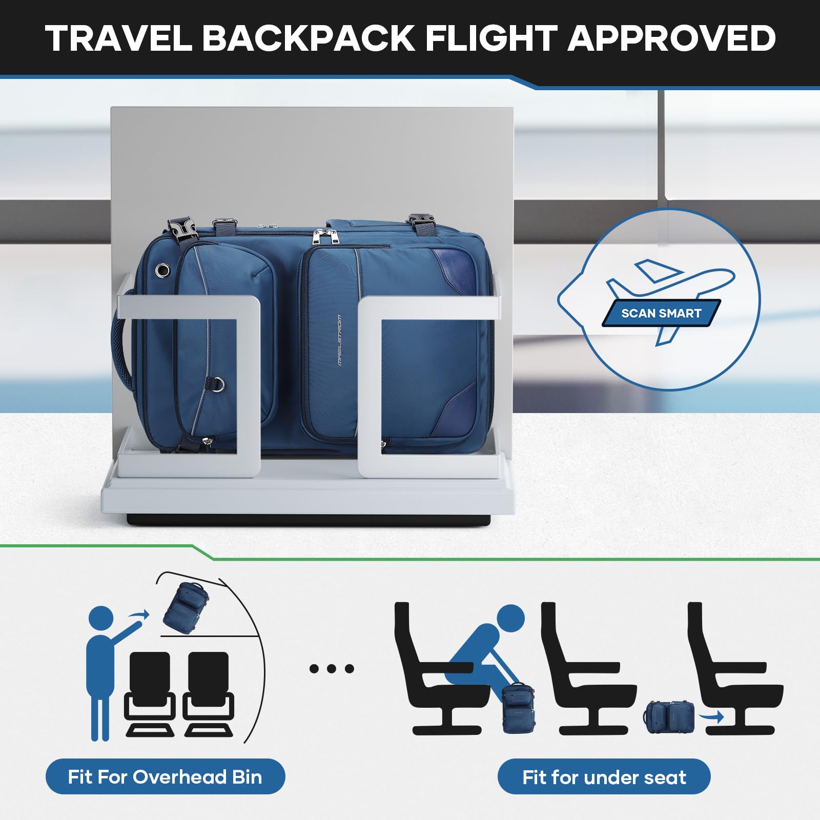 Maelstrom Mochila de viaje para hombres y mujeres, mochila de transporte de 35 L para viajar en avión, con bolsa para cinturón y compartimento para zapatos, mochila impermeable para laptop de 17