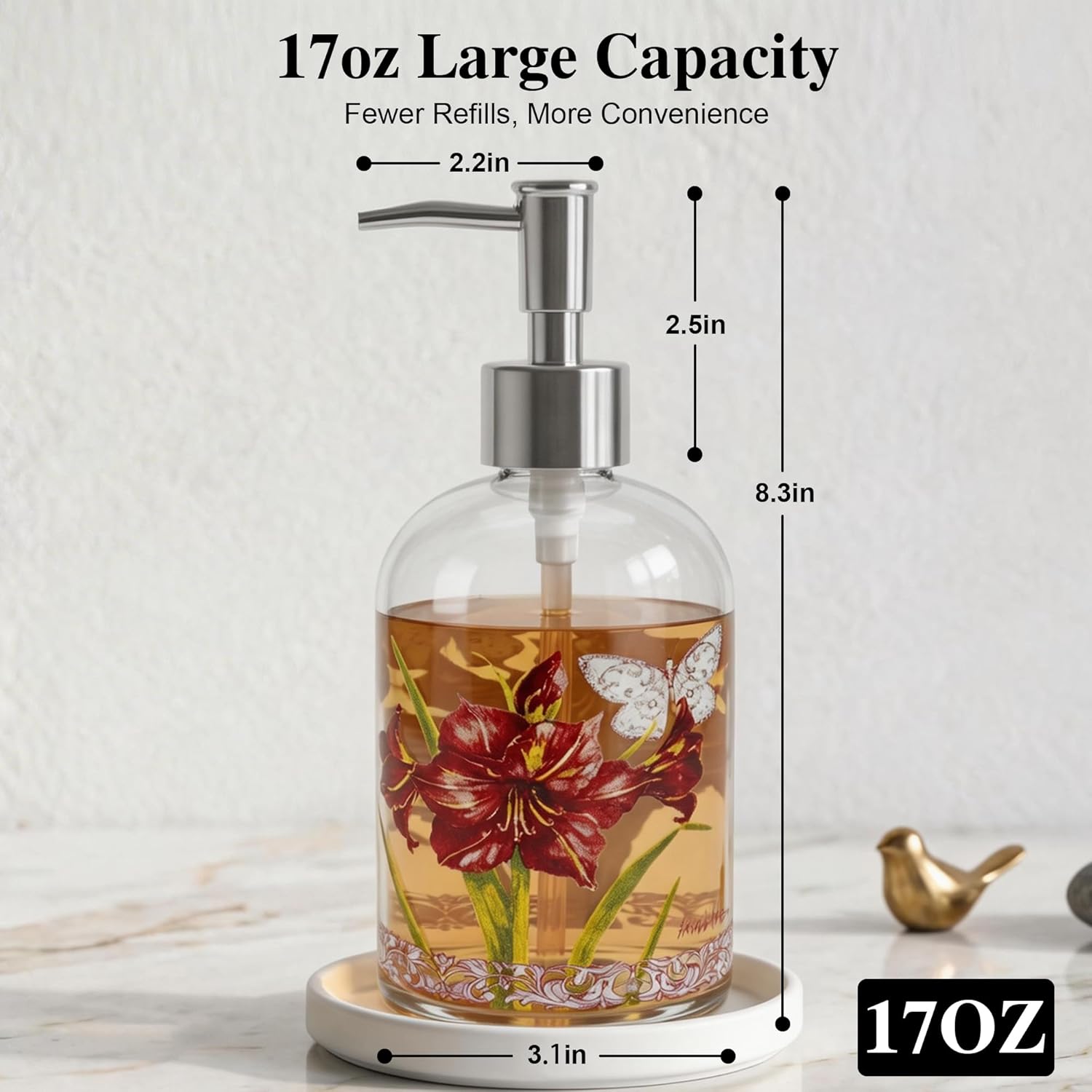 17oz Glass Soap and Lotion Dispenser Bottle with Rust Proof Plastic Pump Refillable Liquid Pump Bottle Great for Kitchen, Bath, Bathroom Accessories, Countertop, Set of 2