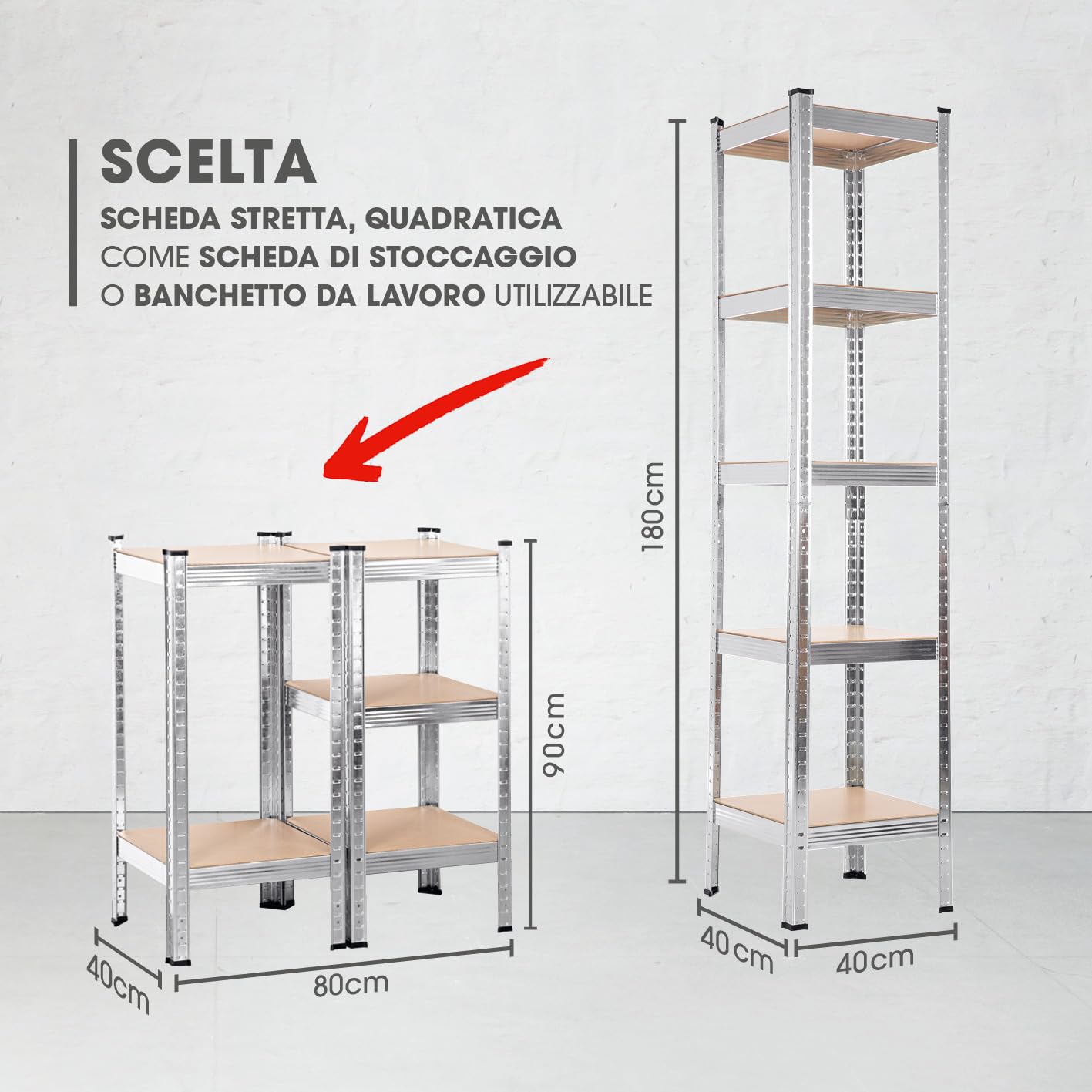 EASYmaxx Scaffale per carichi pesanti, 40 x 40 x 180 cm, portata 875 kg, 175 kg per livello, scaffale e banco da lavoro, scaffale per cantina, garage, sala hobby, officina, 13584