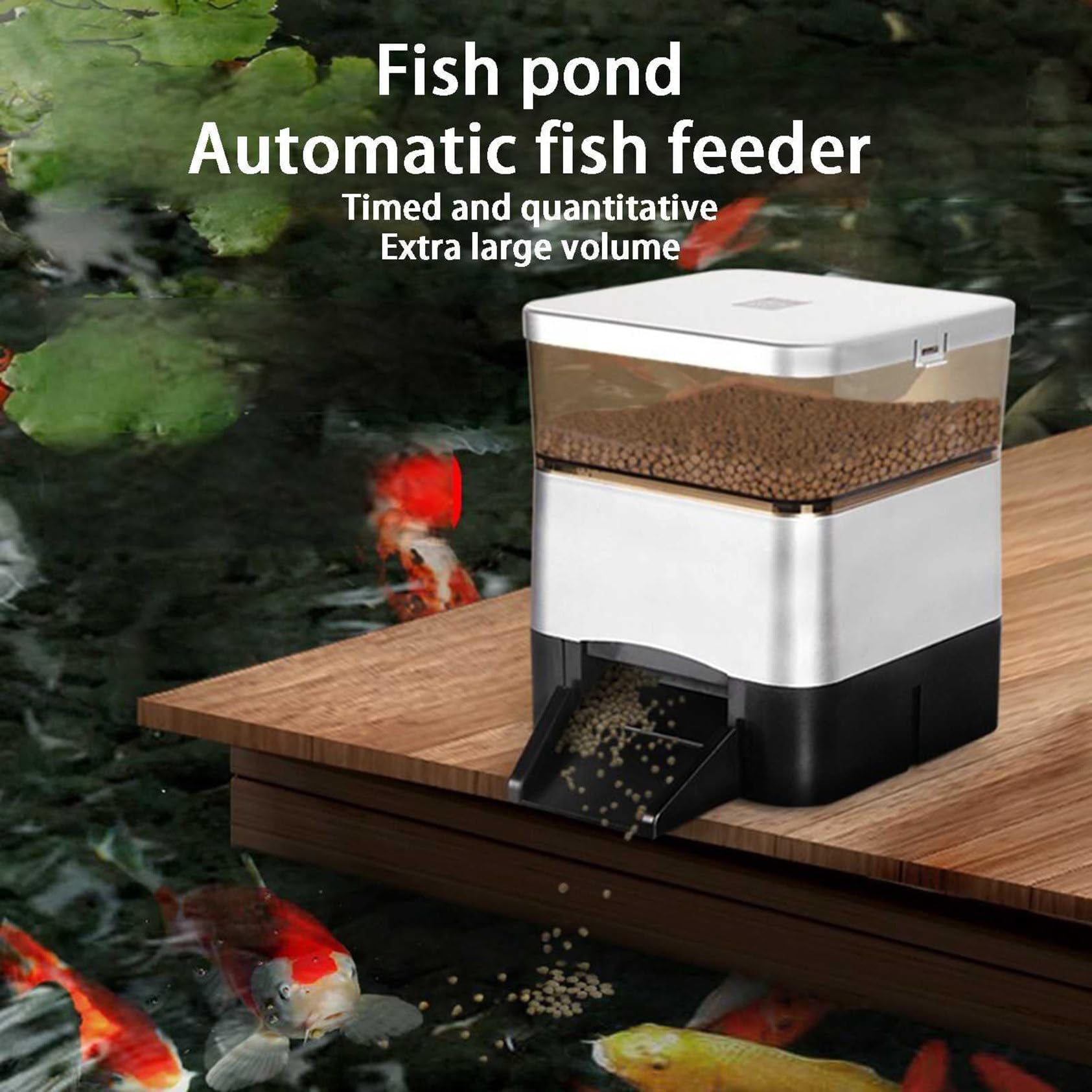 Alimentatore automatico per laghetti, per esterni, intelligente, per mangime per pesci, razionamento temporizzato, alimentatore automatico per pesci con tamburo di grande capacità da 10 litri e