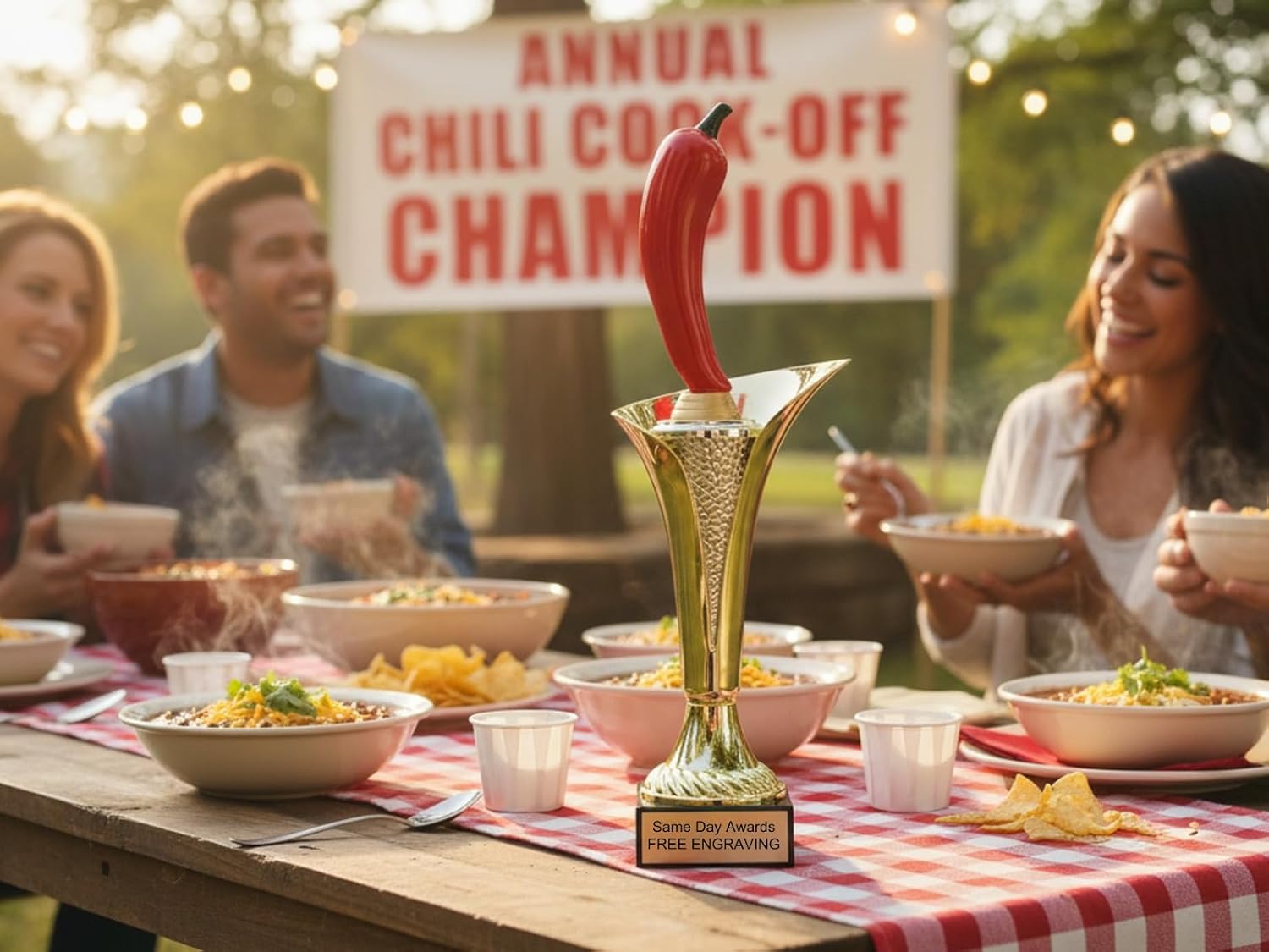 Chili Pepper Trophy Gold Typhoon Cup with Bright Red Figure on Marble Base with Custom Laser Engraving for Chili Cook Offs Food Competitions Culinary Awards and Fun Novelty Prizes