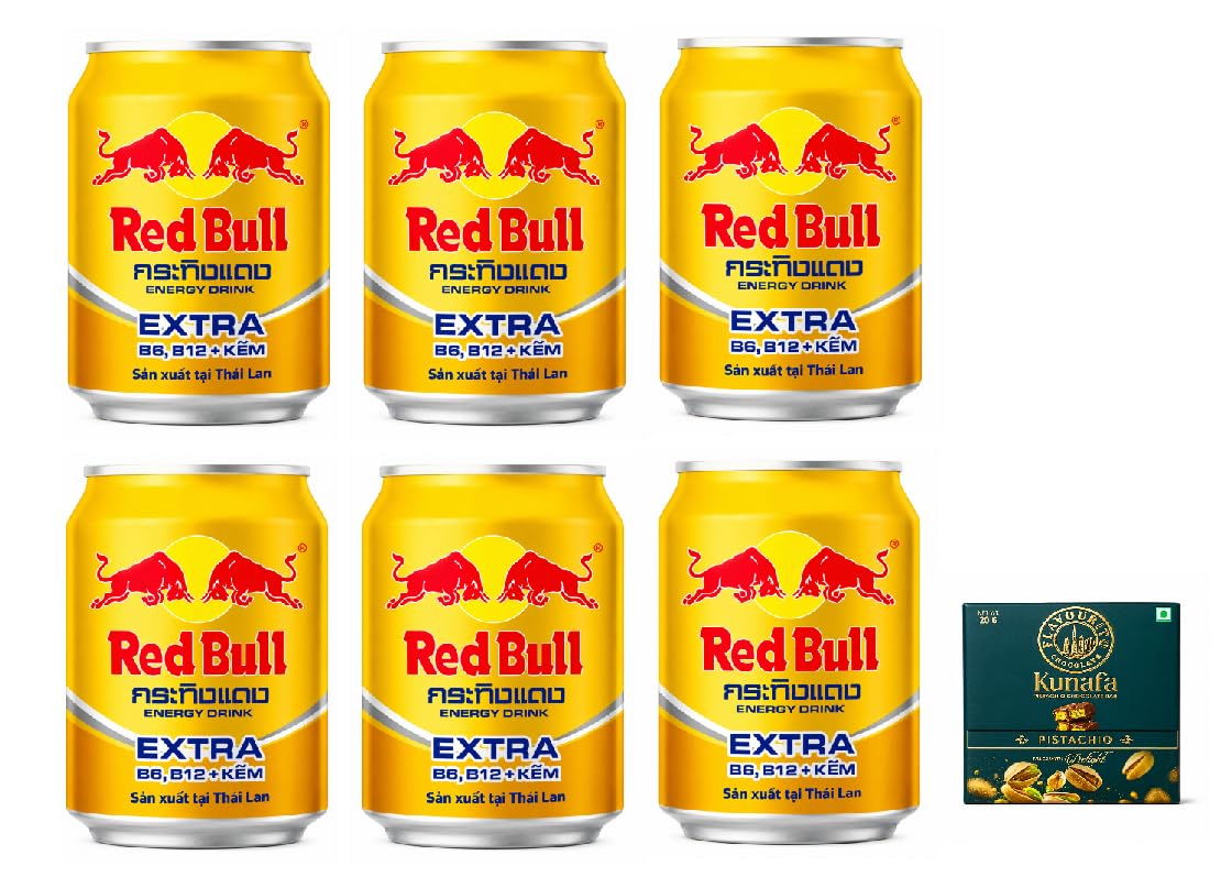 Red Bull Extra B6 B12 & Zinc Energy Drink, Imported Thai Energy Beverage 250 ml Each, (Pack of 6) with Free Flavourito Kunafa Pistachio Chocolate Bar, 20g By Decadent Foods-image-18