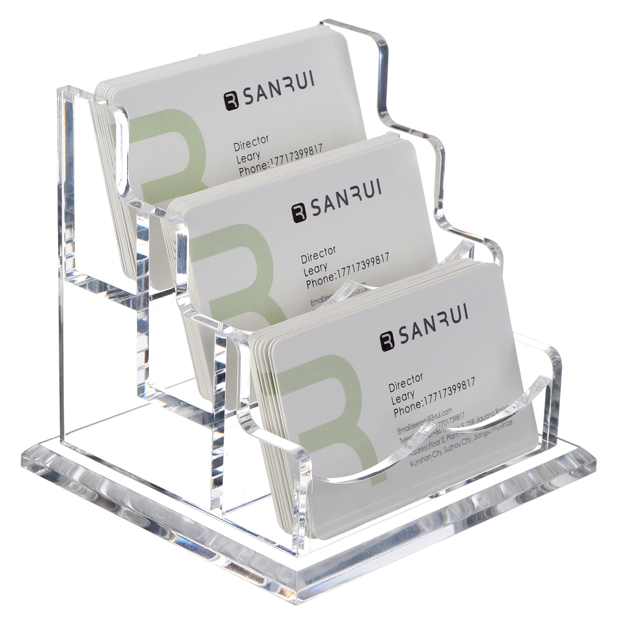 SANRUI Support de cartes de visite en acrylique pour bureau, 3 niveaux, 50 cartes, transparent