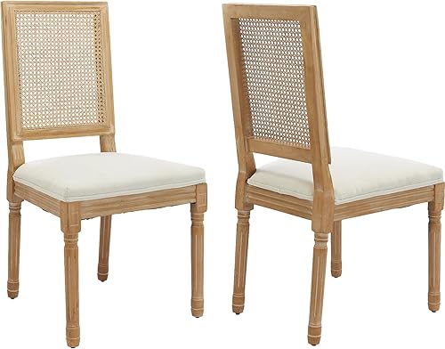 Miniatura 32 de French Country - Juego de 4 sillas de comedor de ratán beige, sillas de comedor de madera con respaldo de caña y asiento tapizado de lino, marco de
