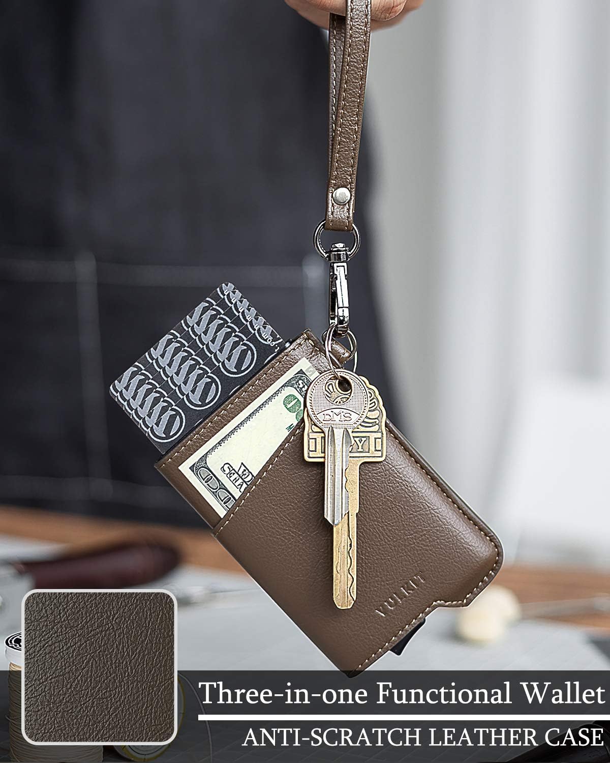 VULKIT Credit Card Holder RFID Blocking Slim Pop Up Aluminum Card Case and Leather Case with Wrist Strap for Women Men