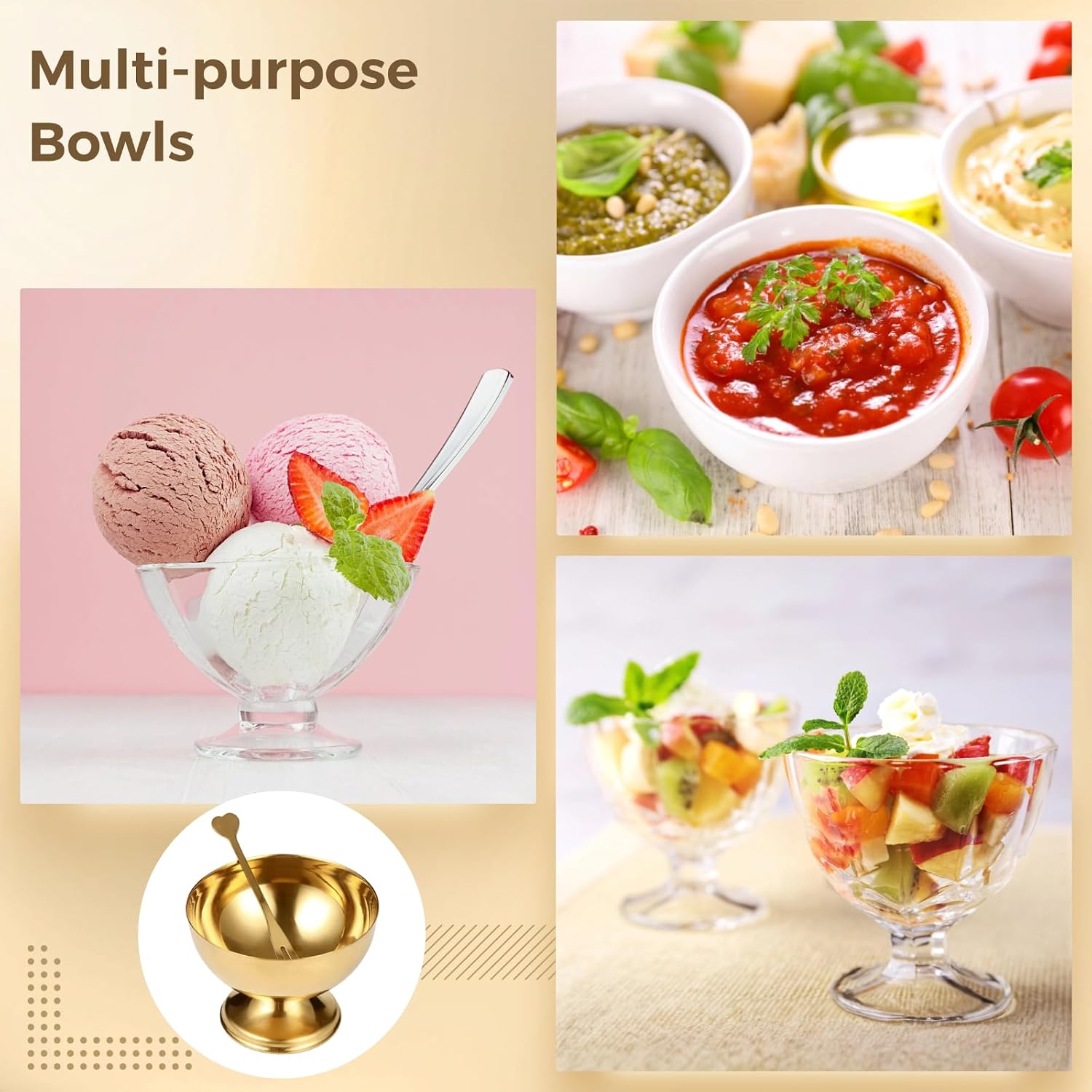 4 Pcs Stainless Steel Dessert Cups, 5.4 oz Gold Metal Dessert Bowls with Forks, Reusable Salad Serving Bowls, Tasting Sauce Cups, Decorative Ice Cream Containers for Homes, Parties, small
