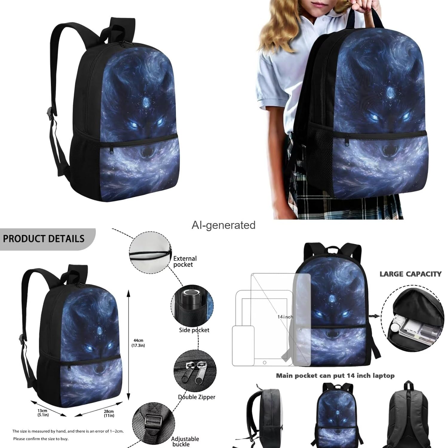 Galaxy Wolf Backpack for Boys Girls Backpack with Lunch Box Water Bottle Carrier with Strap and Pencil Case Pouch 4PCS Set Bookbag with Front Pocket for School 17" Sturdy School Bag for Kids image 3