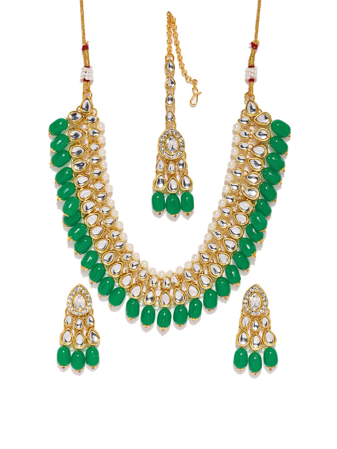 Women's Kundan & Dangling Green Beads Necklace Set