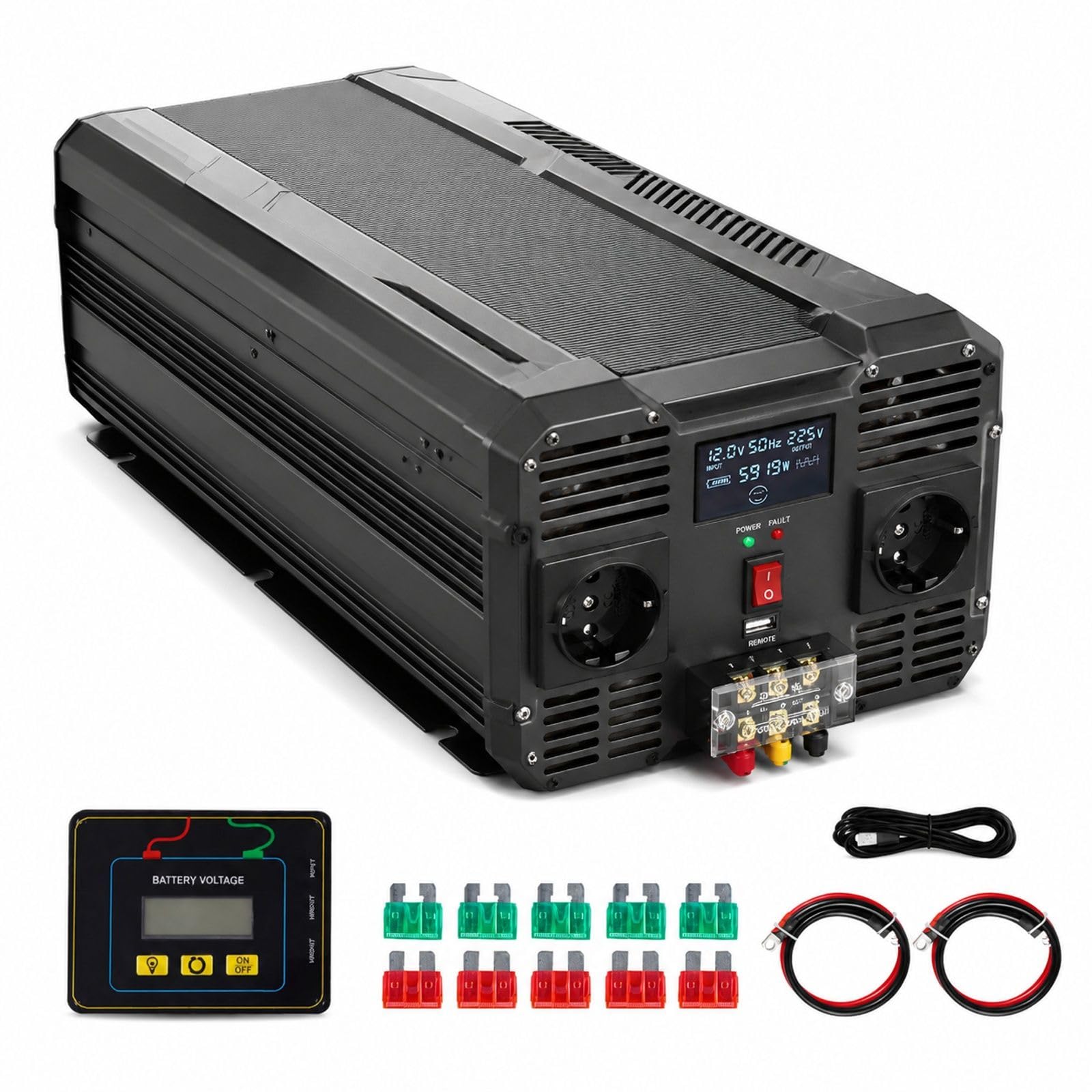 Przetwornica czystej fali sinusoidalnej 5000 W, wejście 12 V DC, wyjście 230 V AC, 2 gniazda europejskie, wyświetlacz LCD, obudowa ze stopu aluminium do samochodu, kampera i ciężarówki