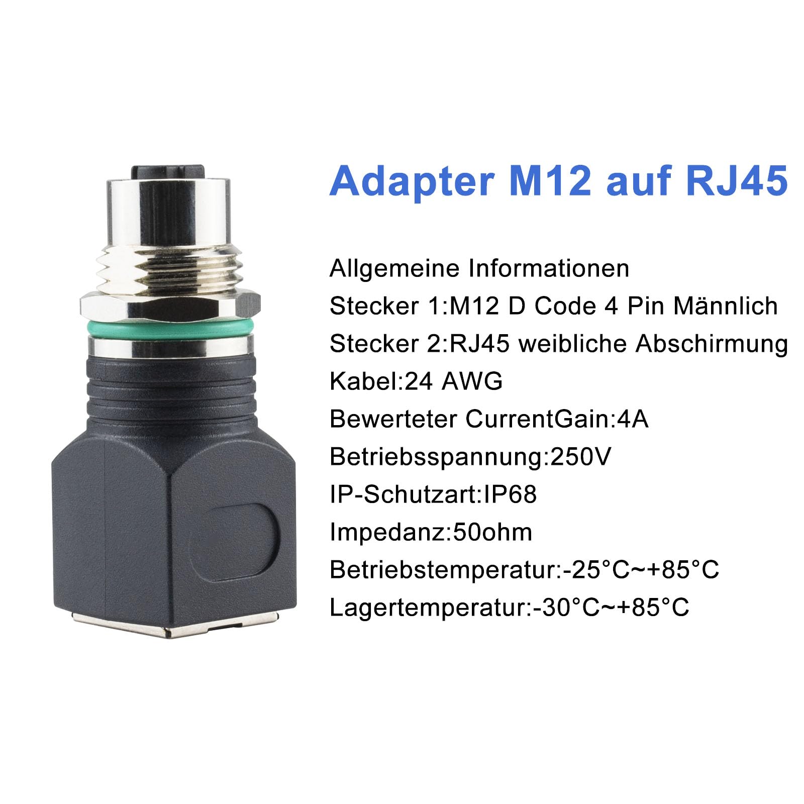 Adattatore M12 a RJ45, 4 Pin, Codice D, IP68, Impermeabile, Schermato, Femmina, Ethernet Cat6/Cat5, ASITPA-4512MD-S