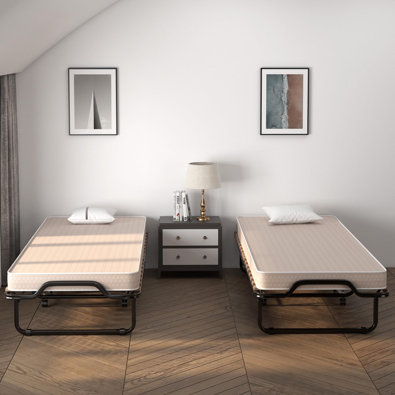 COSTWAY Gästebett klappbar 90x200 cm, Klappbett Erwachsene mit Matratze aus Rückstellschaum, Einzelbett mit 4 Rollen & Stabiler Metallrahmen, Reisebett für Camping & Gästezimmer (Beige)
